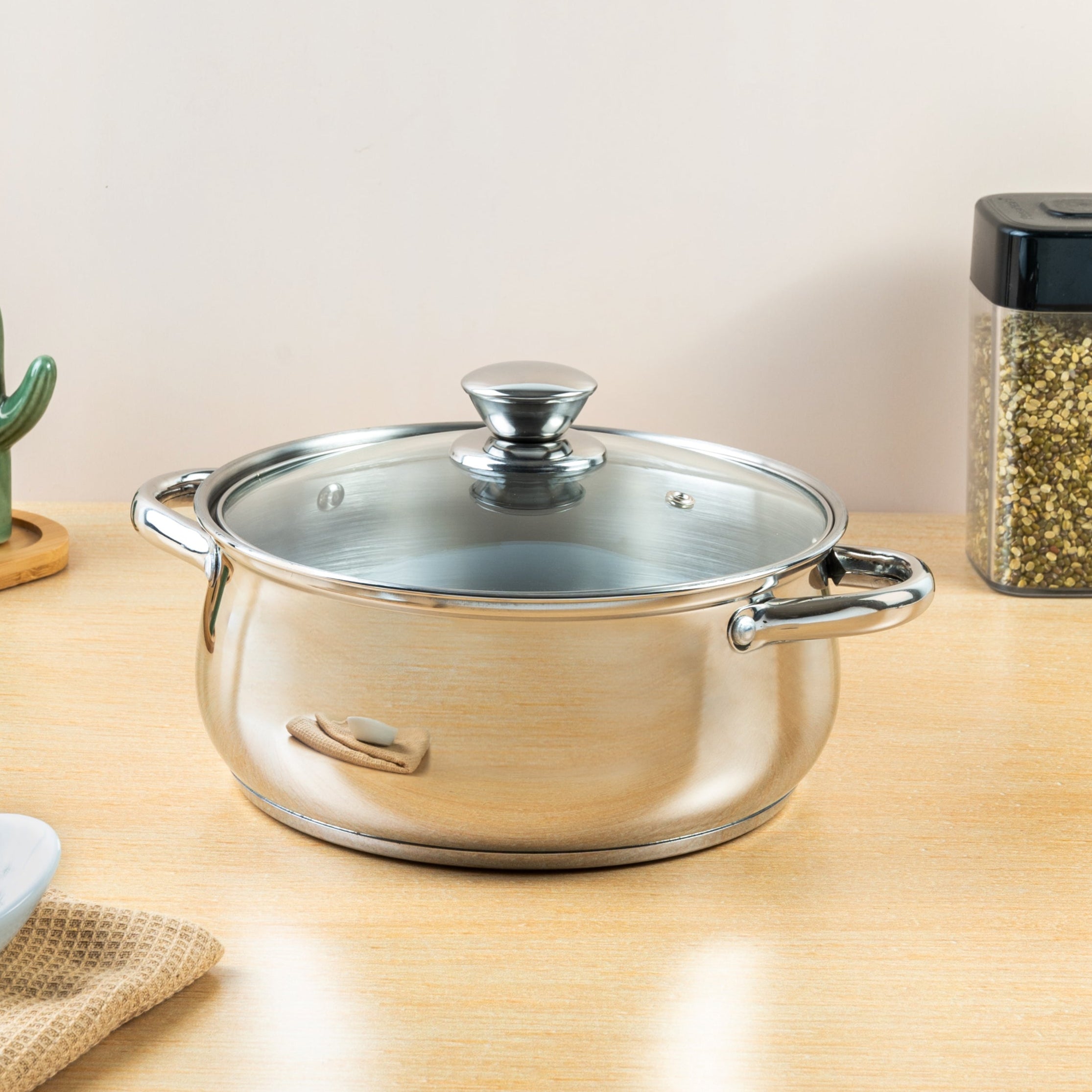 AVIAS Inox IB stainless steel cookpot with glass lid with steam vent | rust-resistant cooware with sandwich bottom | Induction and gas stove friendly | Silver