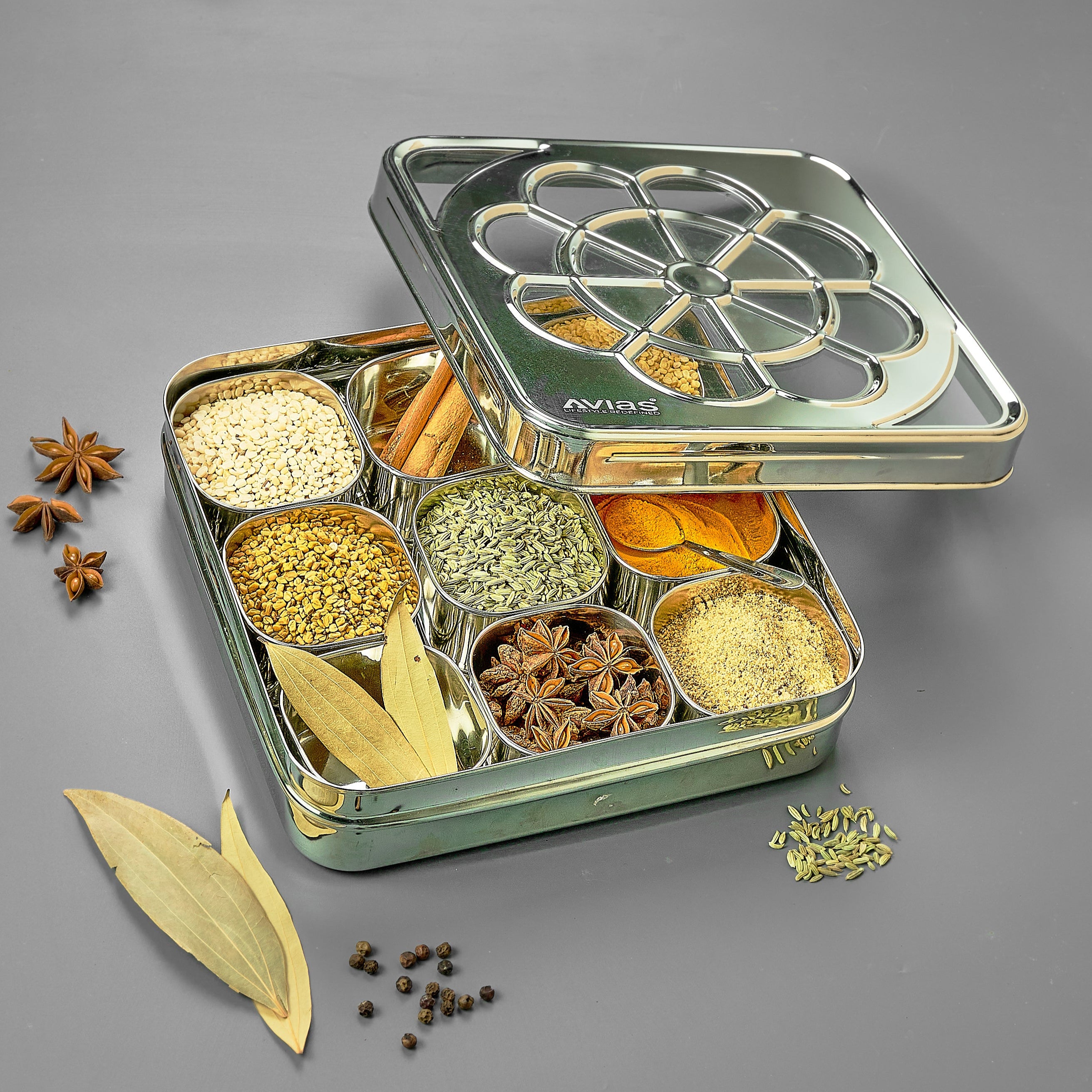AVIAS Flora 9 square Premium quality Stainless steel Dry fruit cum Spice box | See-through lid with break-resistant acrylic sheet | rust-free masala dani | masala dabba | Dry fruit box | organizer