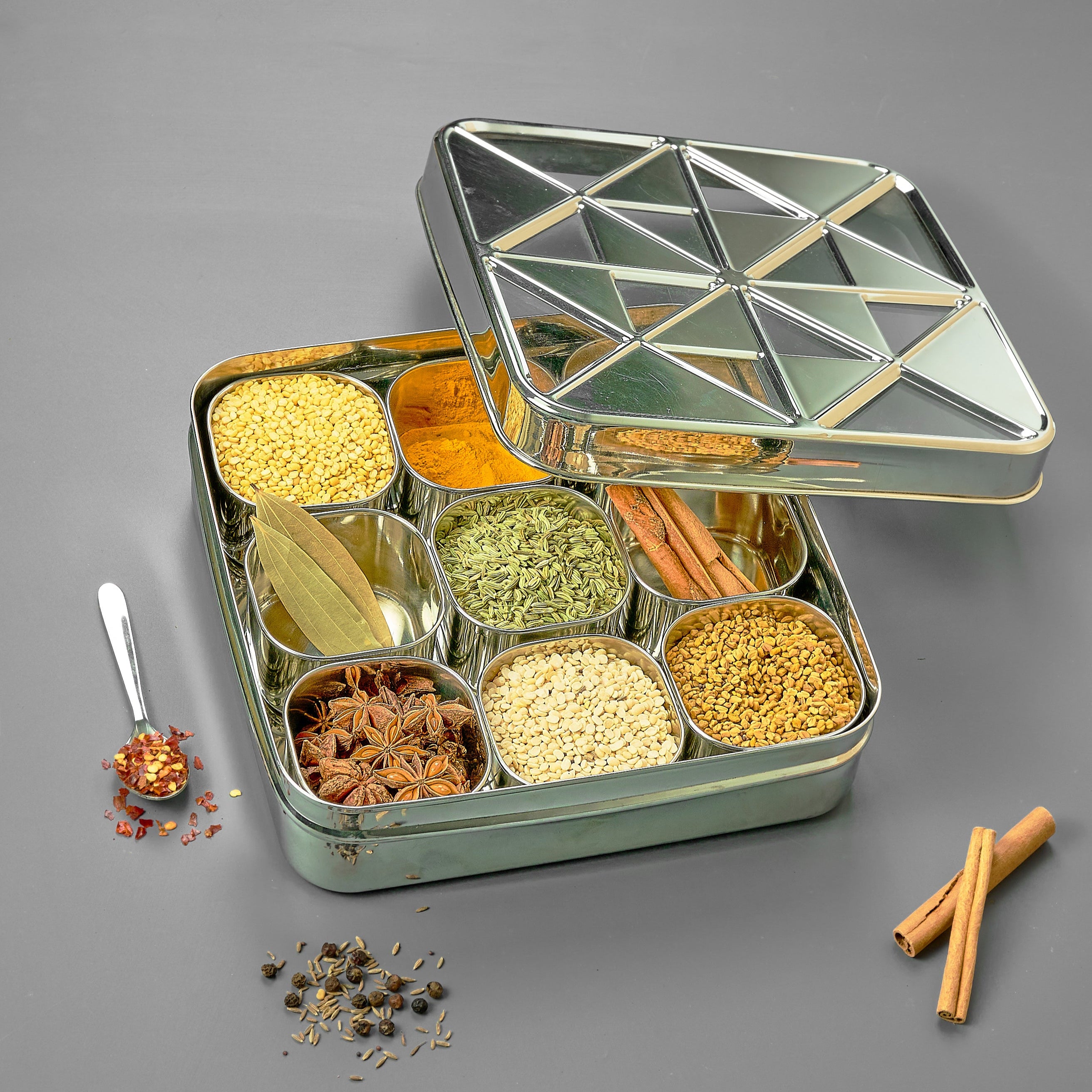 AVIAS Trios 9 square dryfruit cum spice box |Premium quality stainless steel |see-through lid with unbreakable acrylic sheet |rust resistant |masala dani |masala dabba |dryfruit box |spices organiser