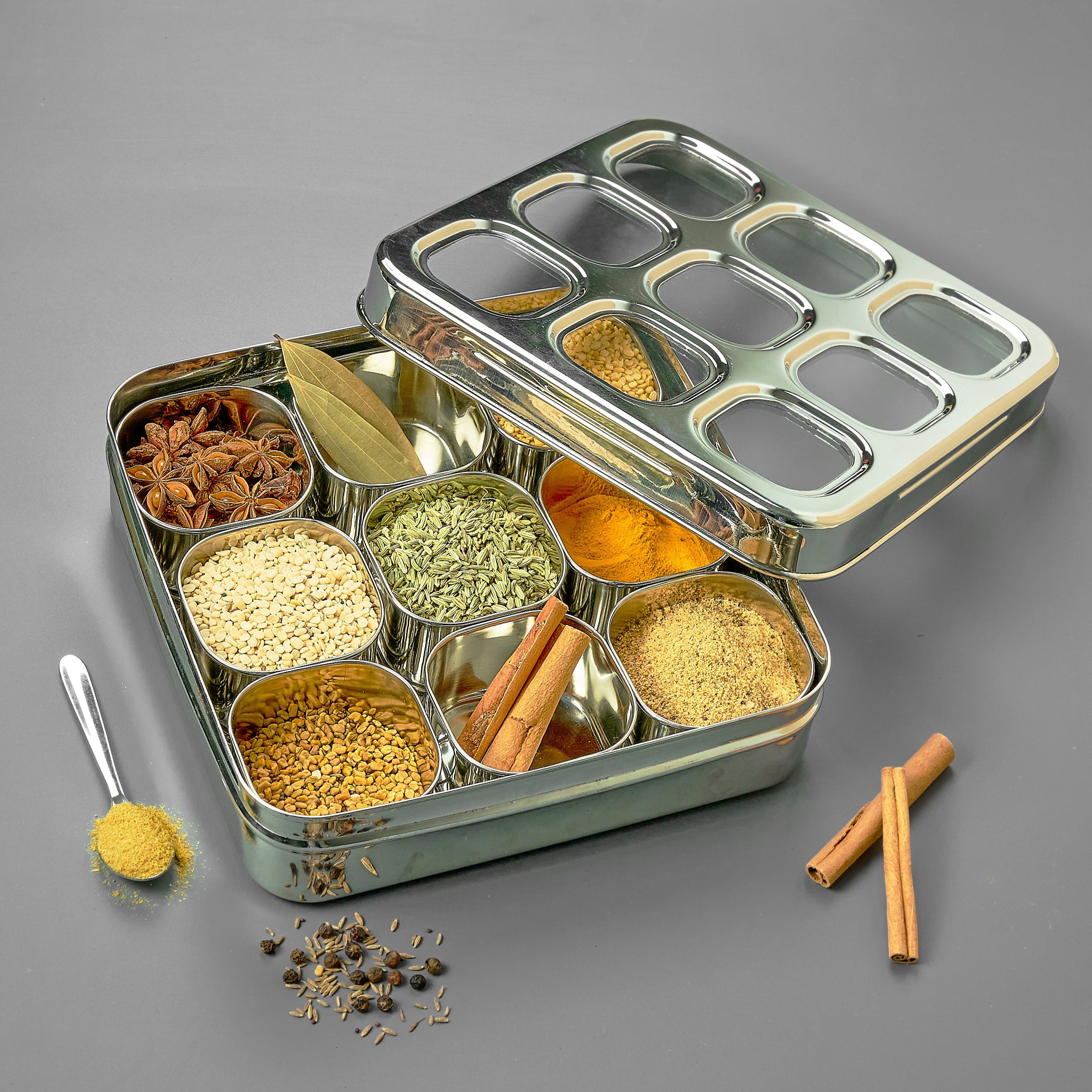 AVIAS Stainless Steel Spice Box with 9 Square Large (Design) | 9 Comparments | Rust-free see-through lid | Break-resistant acrylic sheet | Durable Masala dani |Masala dabba| Dry fruit box | Kitchen Organiser