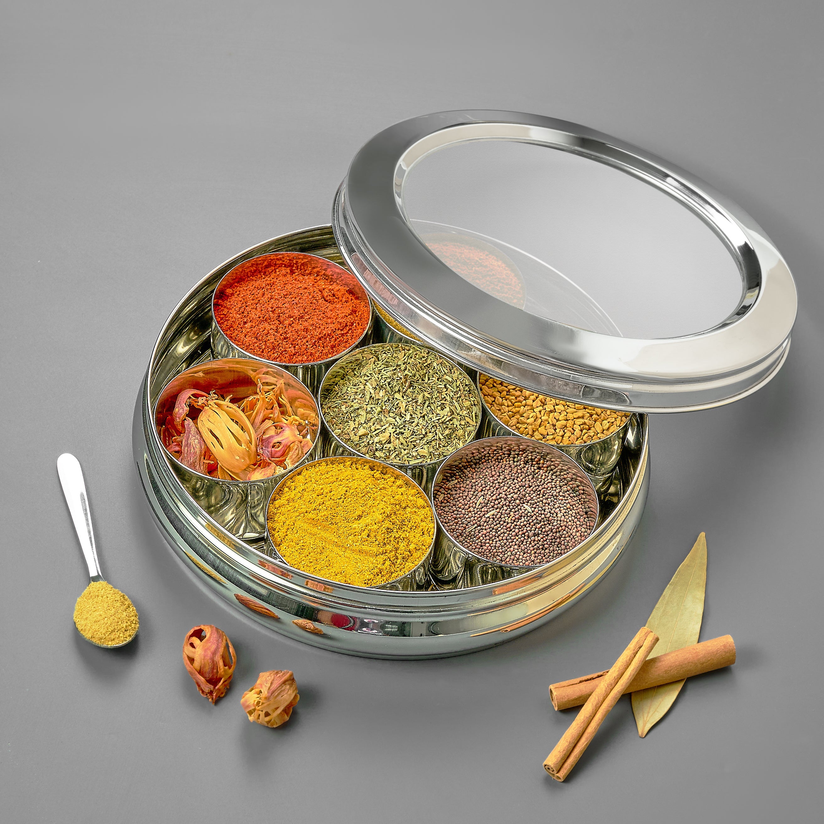 AVIAS Stainless steel Deluxe Spice box with See-through lid | Masala dabba | Masala dani/organiser with 7 compartments and steel spoon | Small/ medium