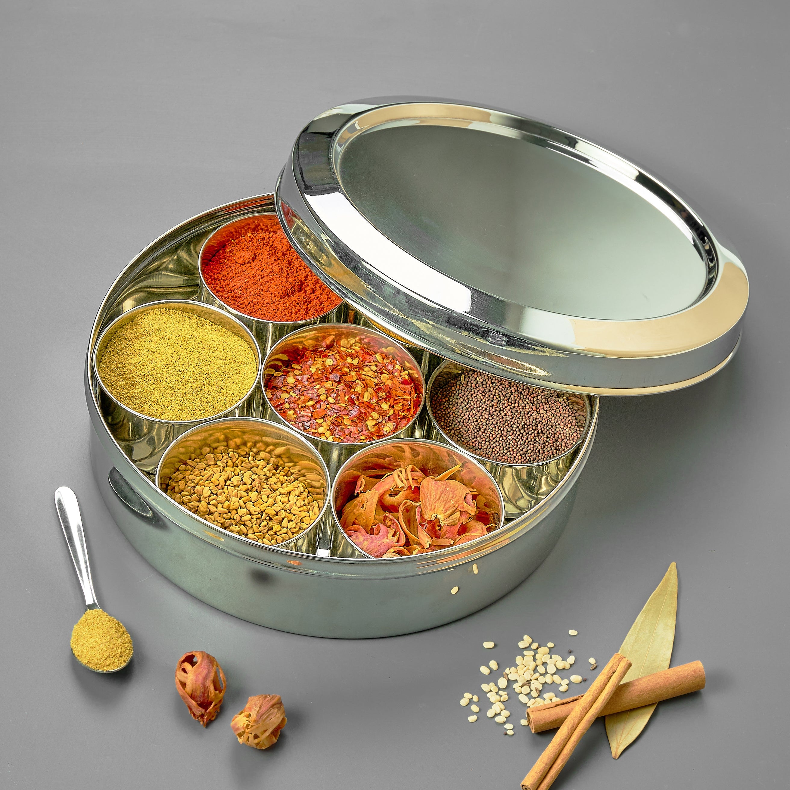 AVIAS Stainless Steel Elegant Spice box/Organiser with SS lid for kitchen | Rust resistant masala dabba/ masala dani with 7 compartments and steel spoon | Small/medium