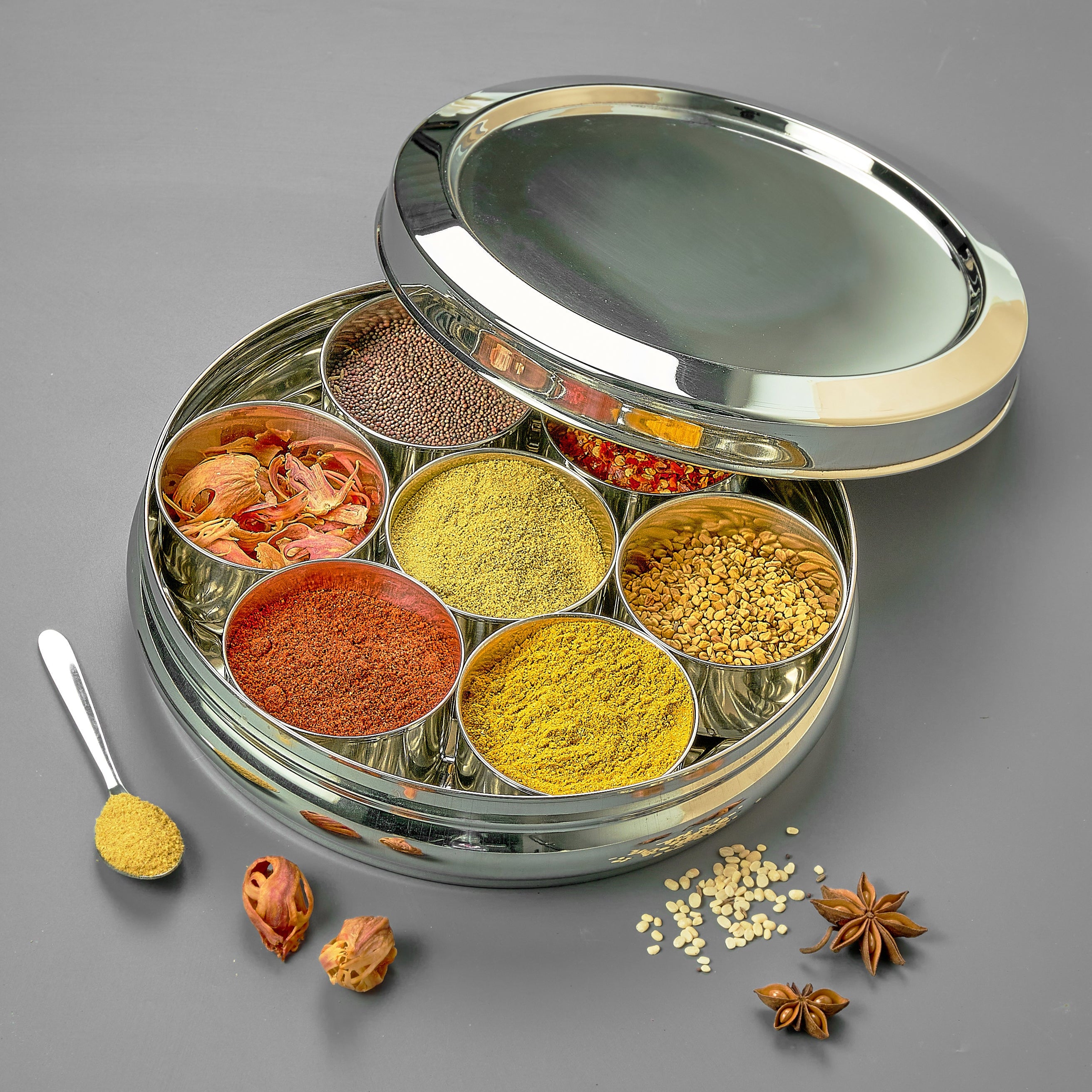 AVIAS stainless steel Deluxe spice box/ masala dani with stainless steel lid for kitchen | rust resistant steel organiser for spices/ masala | 7 compartments and SS spoon |  Small/ medium