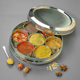 AVIAS stainless steel Deluxe spice box/ masala dani with stainless steel lid for kitchen | rust resistant steel organiser for spices/ masala | 7 compartments and SS spoon |  Small/ medium