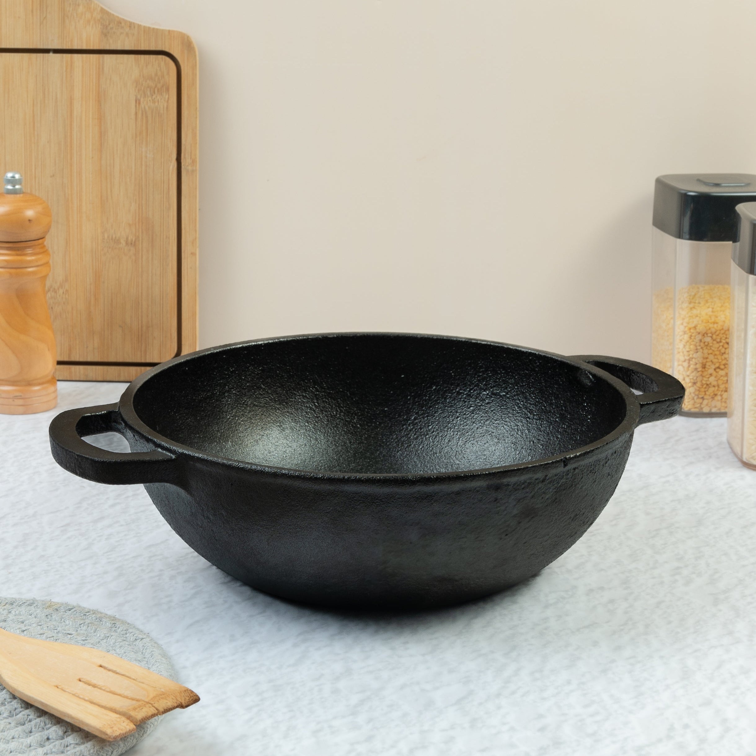 Cast Iron Deep Kadai/ Irumbhu Kadai/ Cast Iron Wok Pre-Seasoned Cookware | Induction Friendly | 100% Natural & Toxin-Free