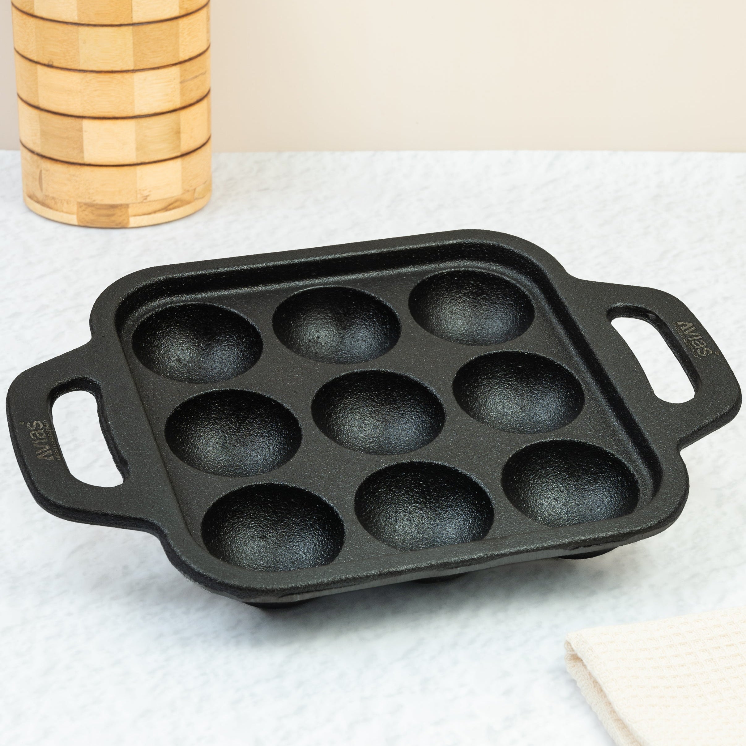 Cast Iron 9 Cavity Kuzhi Paniyaram Pan/ Kuzhi Paniyaram Kal/ Iron Paniyaram Pan Pre-Seasoned Cookware | 100% Natural & Toxin-Free