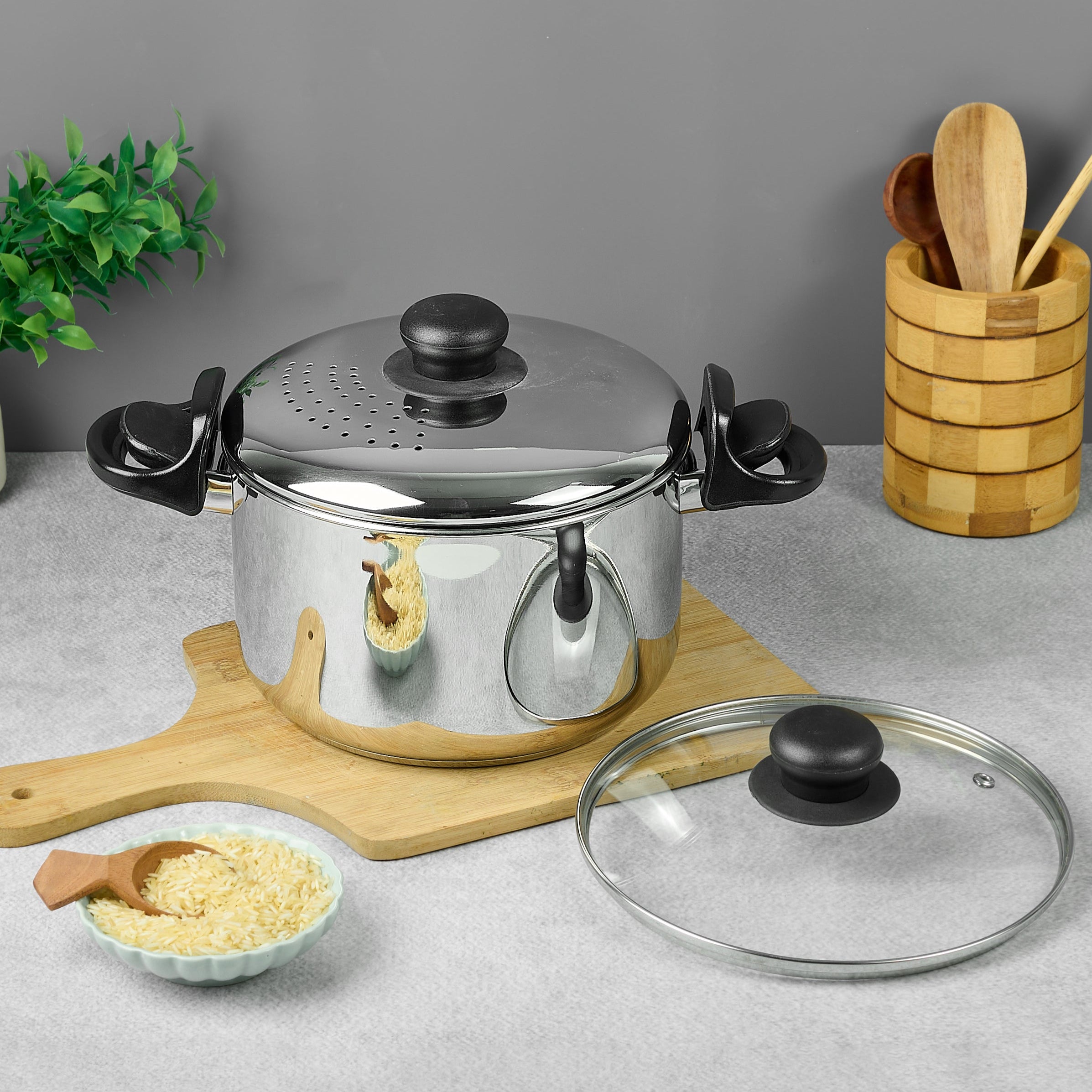 Avias Stainless Steel Strainer Pot with Built-in Strainer Lid and Glass Lid | 3.7 Litre | 304 Stainless Steel | H.E.E.T Technology | Handle with Lock | Sandwich Bottom with Induction Base