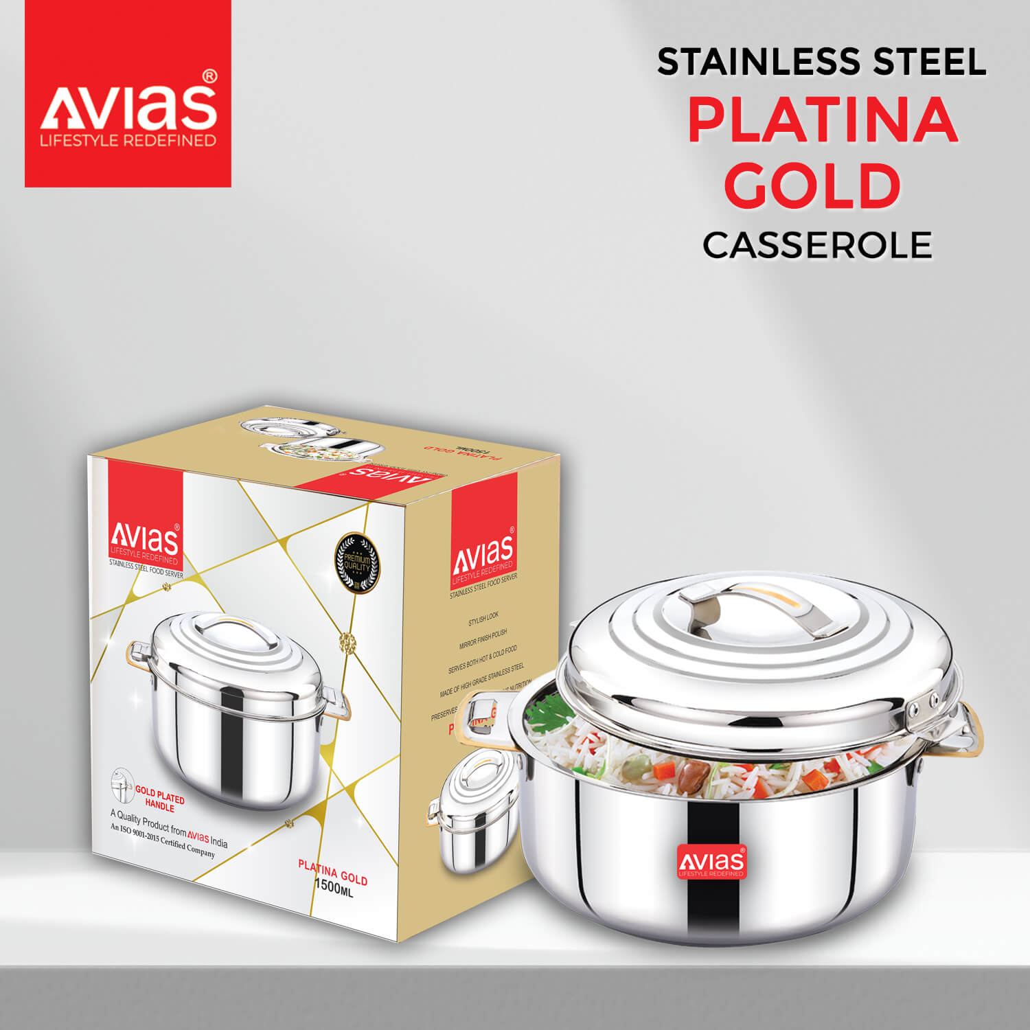 Avias Platina Gold Double wall insulated Stainless Steel Casserole box package