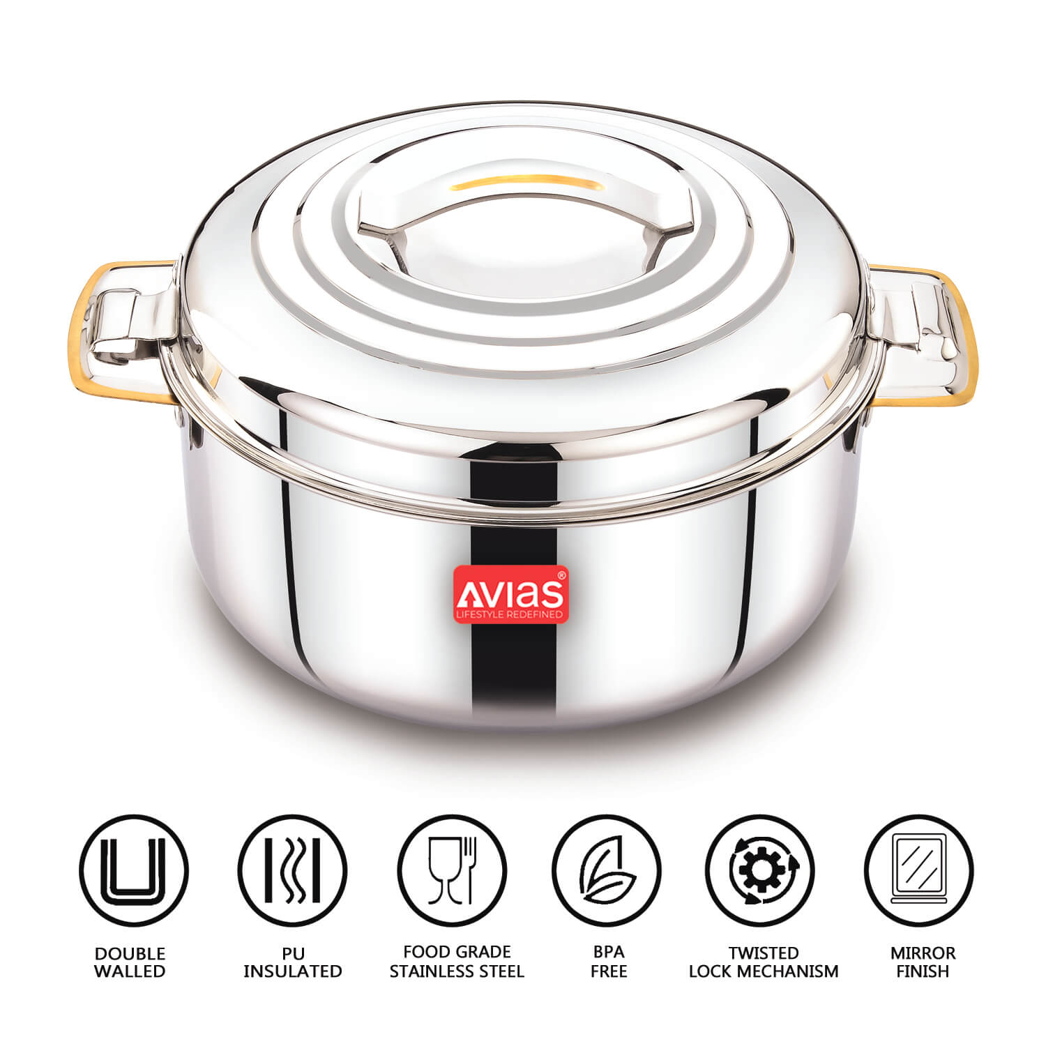 Avias Platina Gold Double wall insulated Stainless Steel Casserole features
