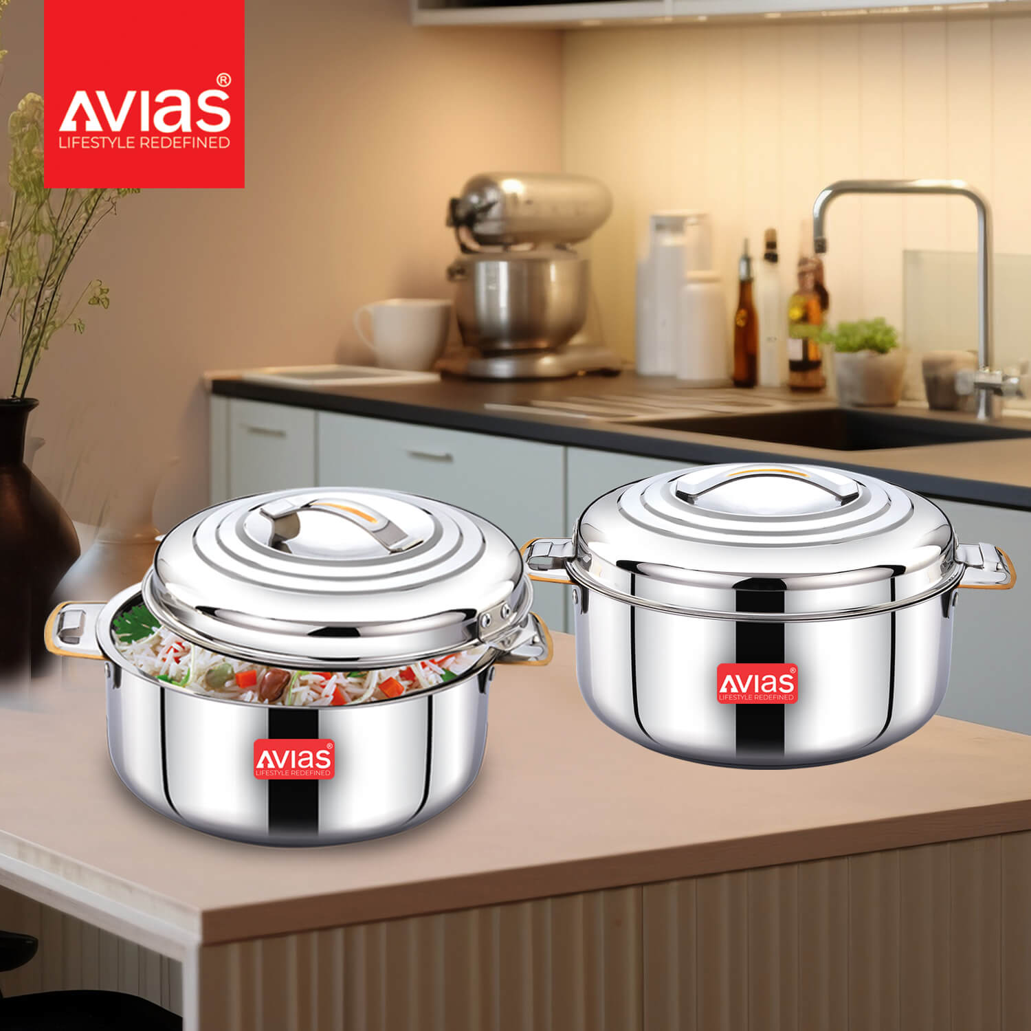 Avias Platina Gold Double wall insulated Stainless Steel Casserole on kitchen counter