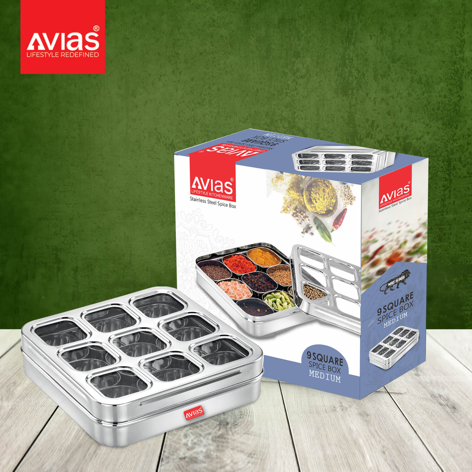 Avias Stainless Steel 9 Square Spice Box Medium box package