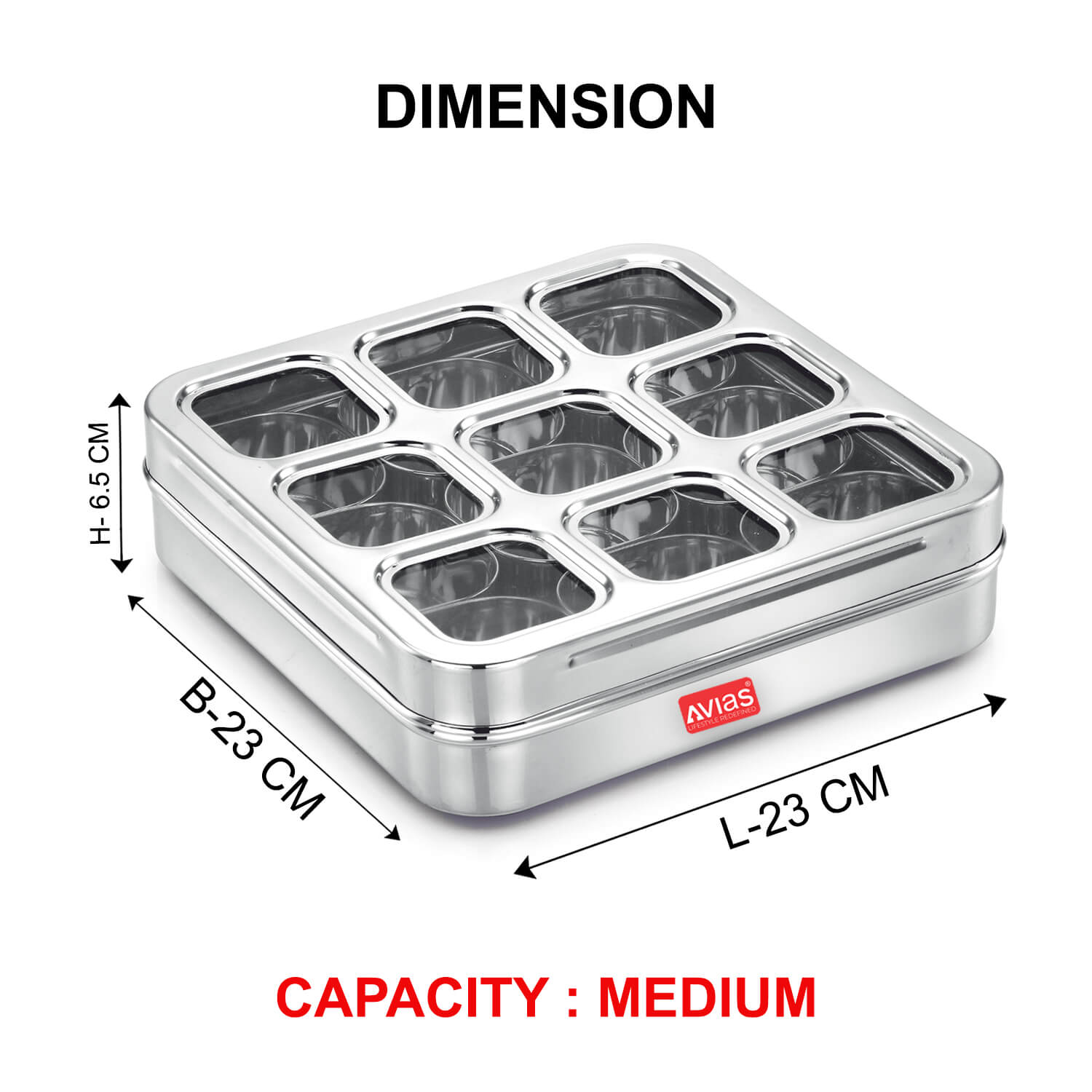 Avias Stainless Steel 9 Square Spice Box Medium dimension