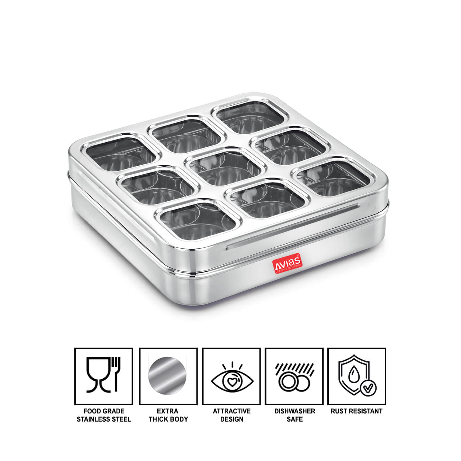 Avias Stainless Steel 9 Square Spice Box Medium features
