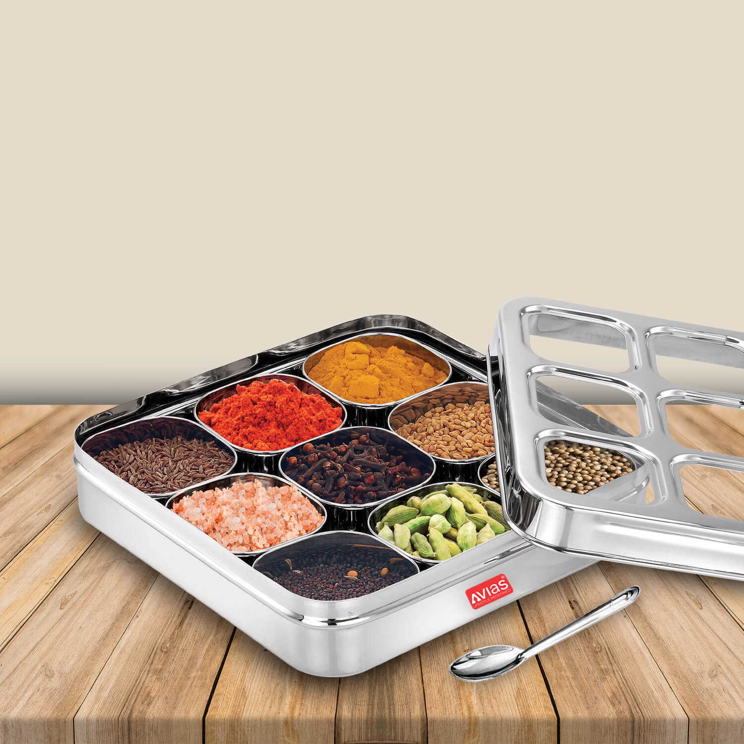 Avias Stainless Steel 9 Square Spice Box Medium open with spices
