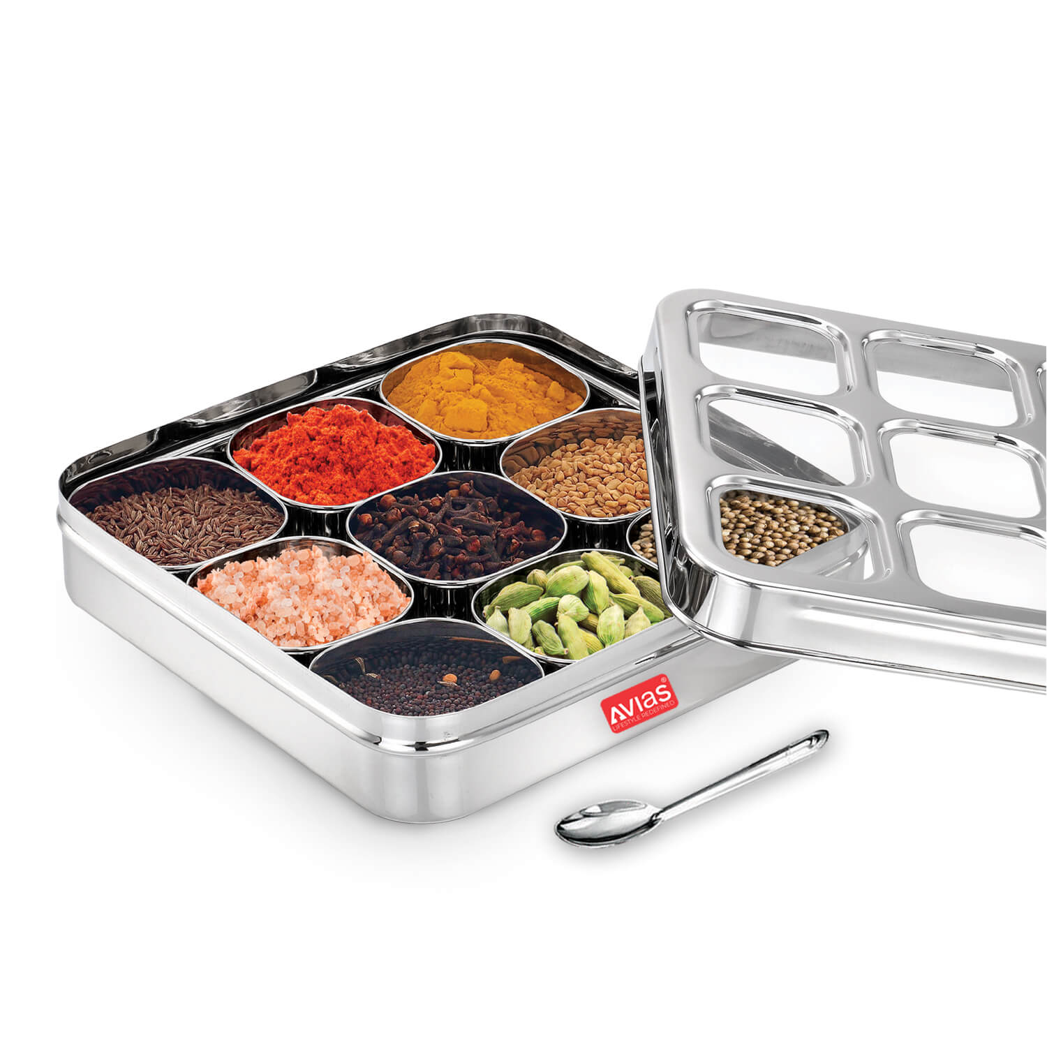 Avias Stainless Steel 9 Square Spice Box Medium open with spices