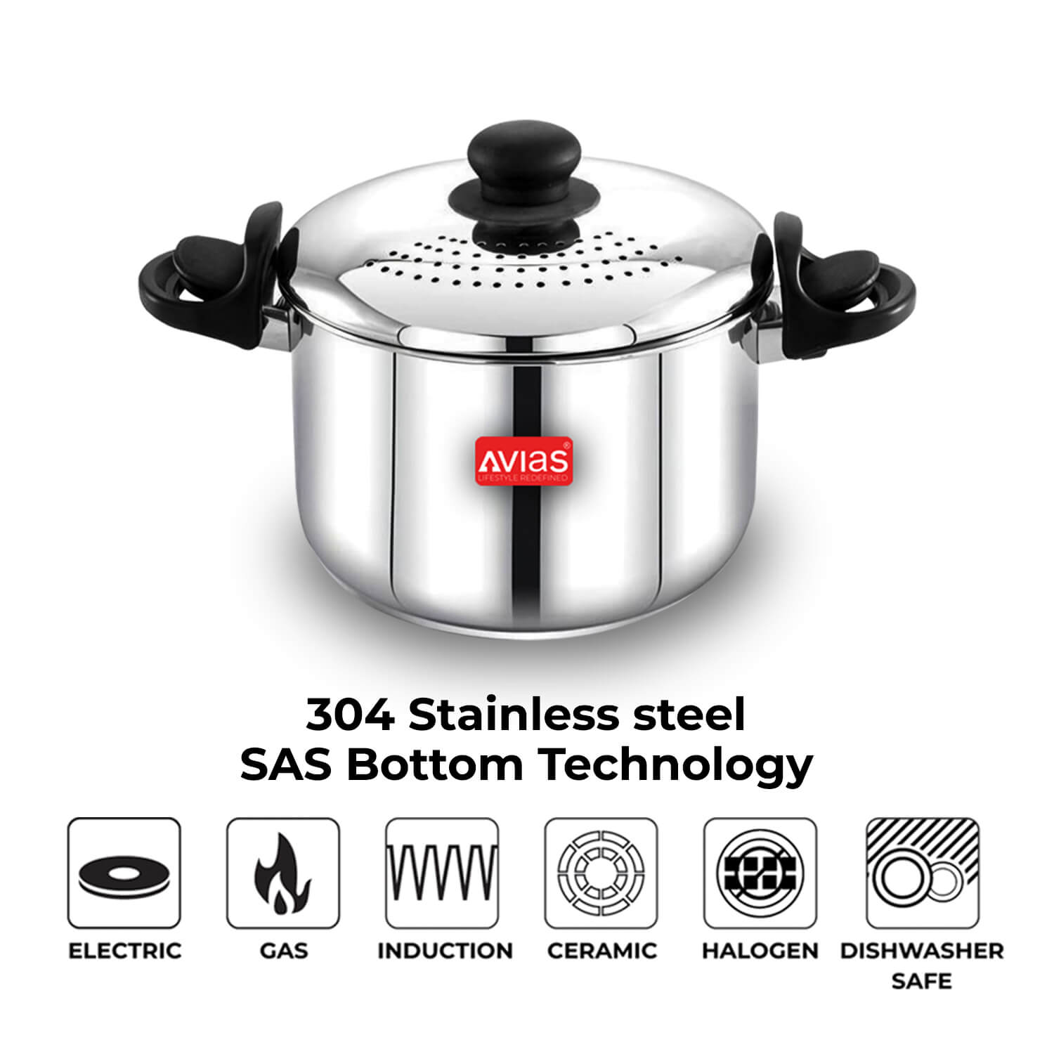 Avias Stainless Steel Strainer Pot with Built-in Strainer Lid and Glass Lid Litre 304 Stainless Steel Technology Handle with Lock