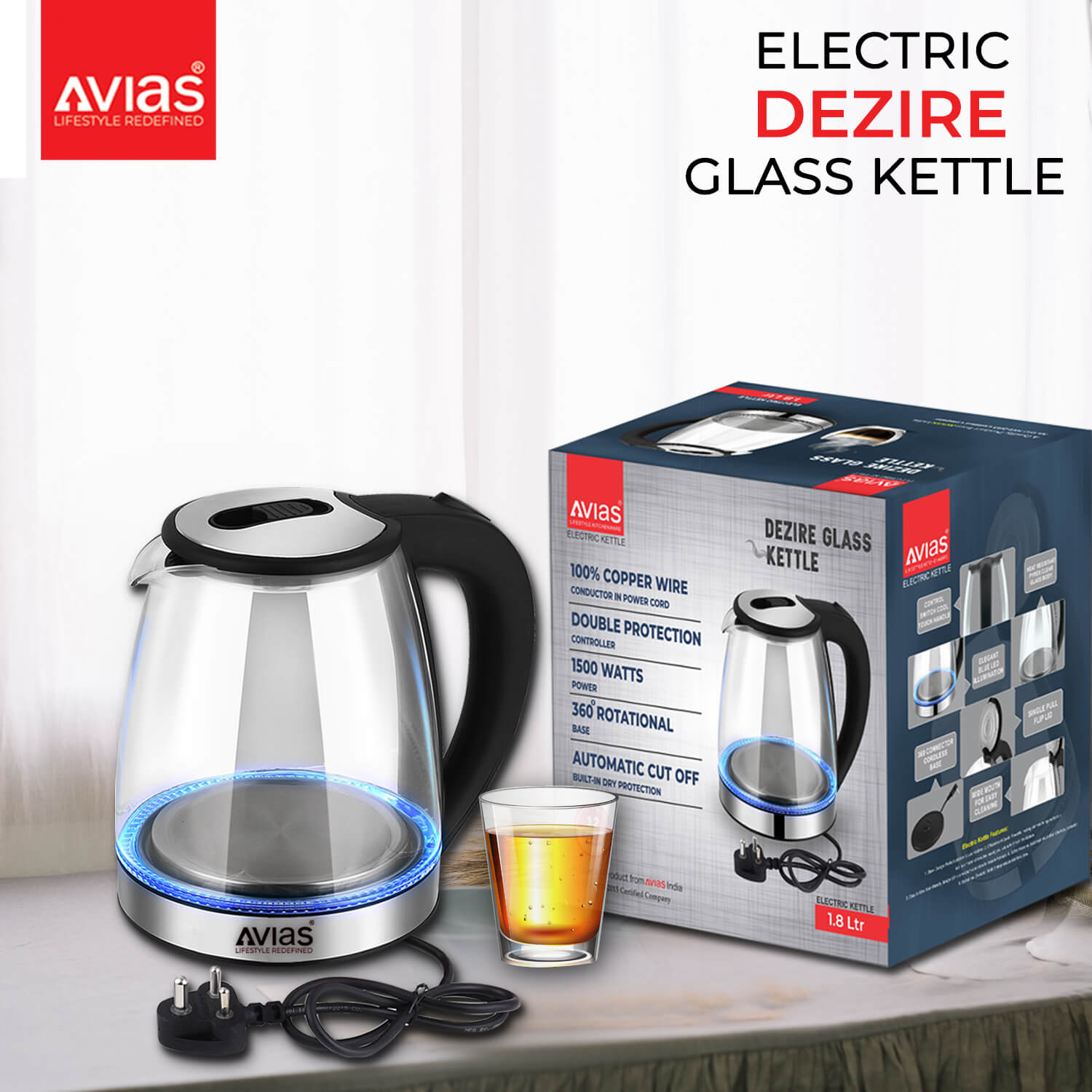 Avias Dezire Electric Glass Kettle. 1.8 Litre box package