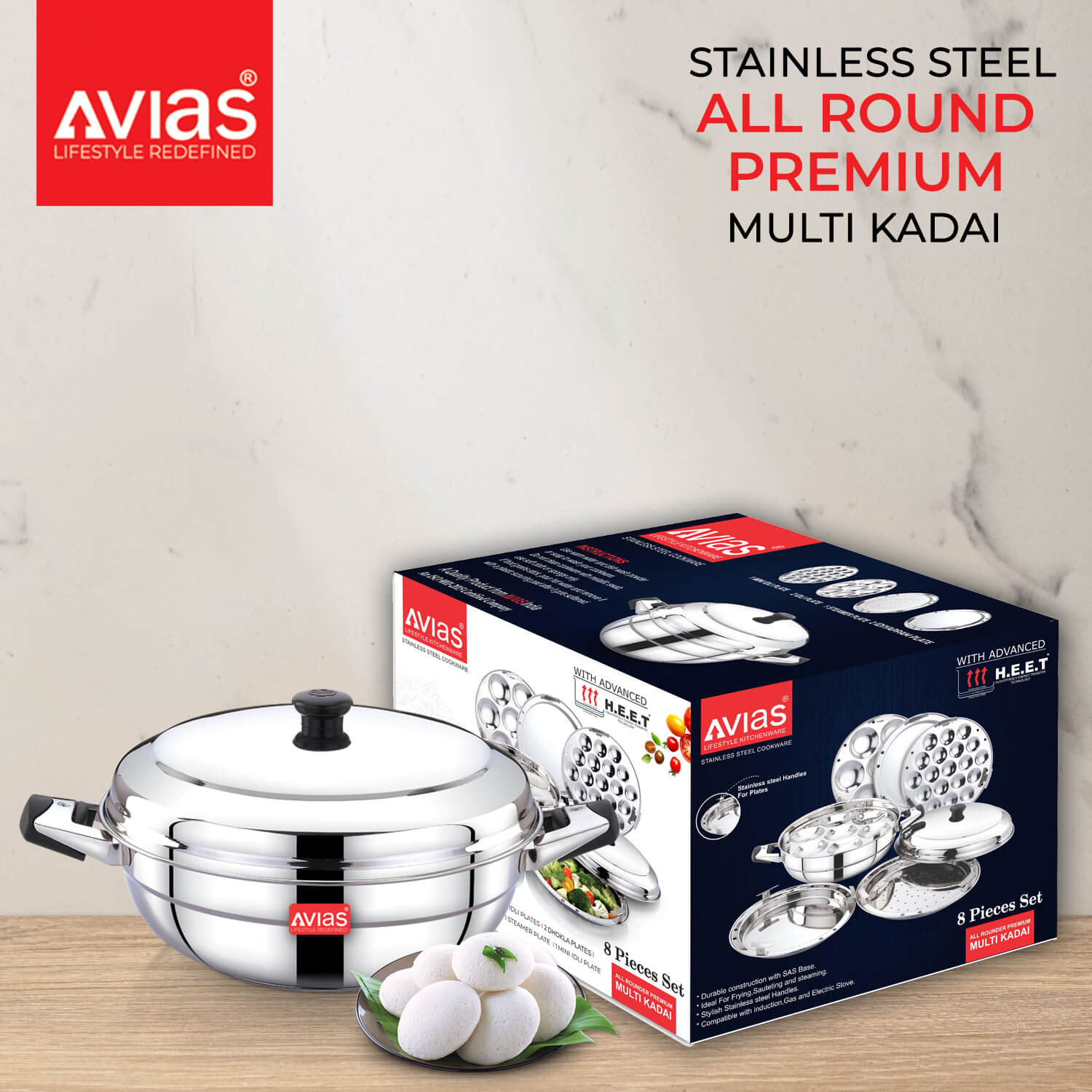 Avias Stainless Steel All-Rounder Kadai Premium box package