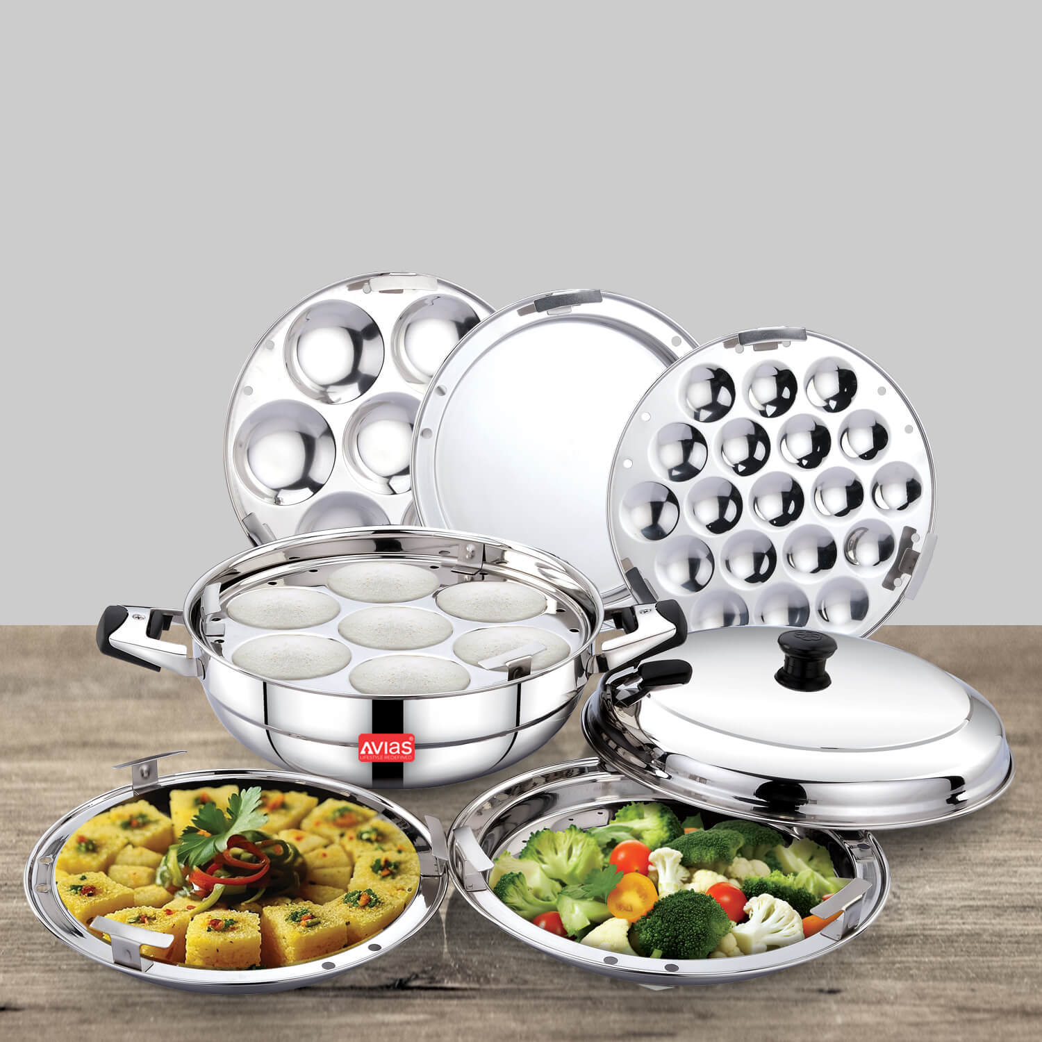 Avias Stainless Steel All-Rounder Kadai Premium with all idli plates
