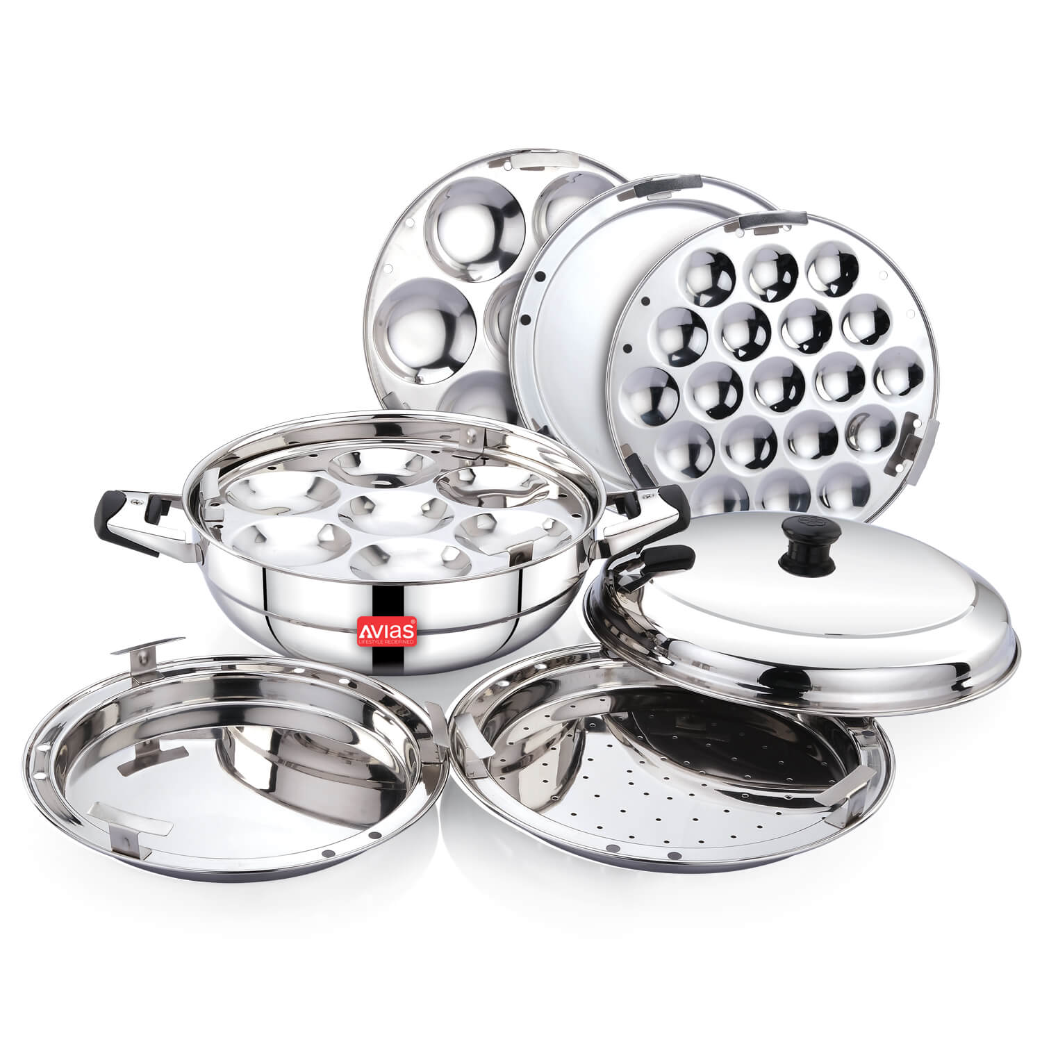 Avias Stainless Steel All-Rounder Kadai Premium with all idli plates