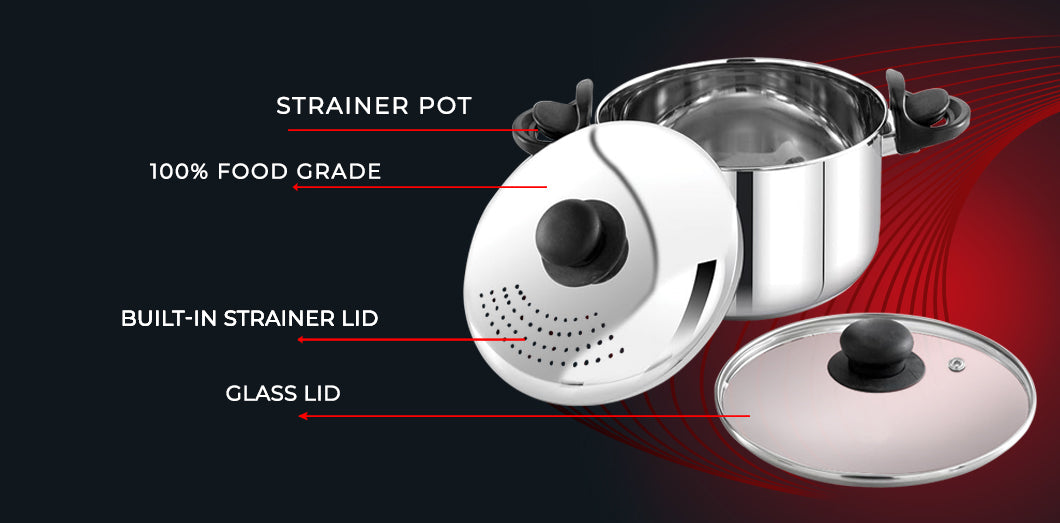 Avias Stainless steel strainler pot with strainer and glass lid features