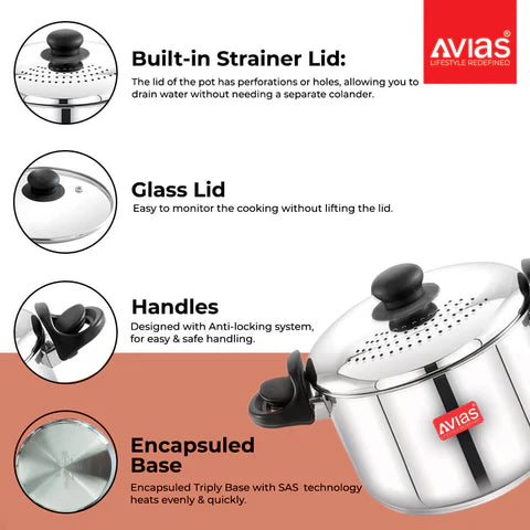 Avias Stainless Steel Strainer Pot with Built-in Strainer Lid and Glass Lid main features