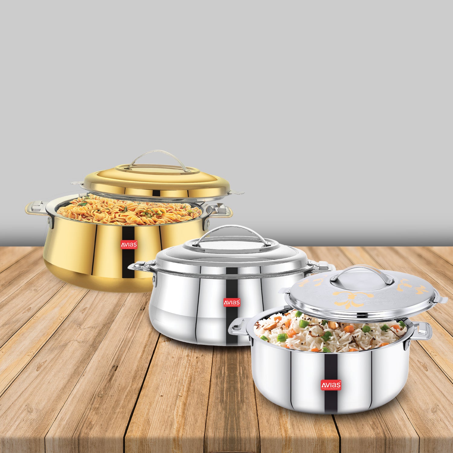 AVIAS Festive Combo III - Riara Stainless steel (Gold 1500ml + Silver 1500ml) + (Emerald 2500ml) casseroles
