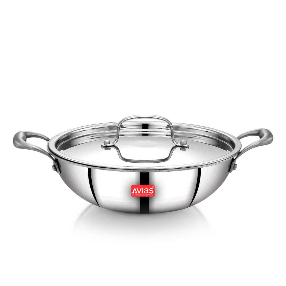 Avias Riara Triply Stainless Steel Kadai with Lid | 2.5mm Thick | Induction Compatible | 20–28cm