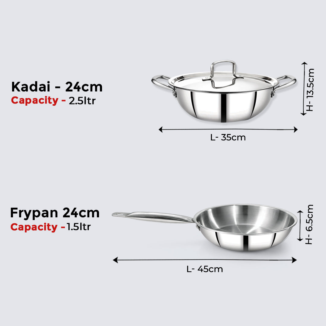 Avias Trivera Triply Stainless Steel Cookware Set | 3 Pc | Kadai + Frypan | SS Lid