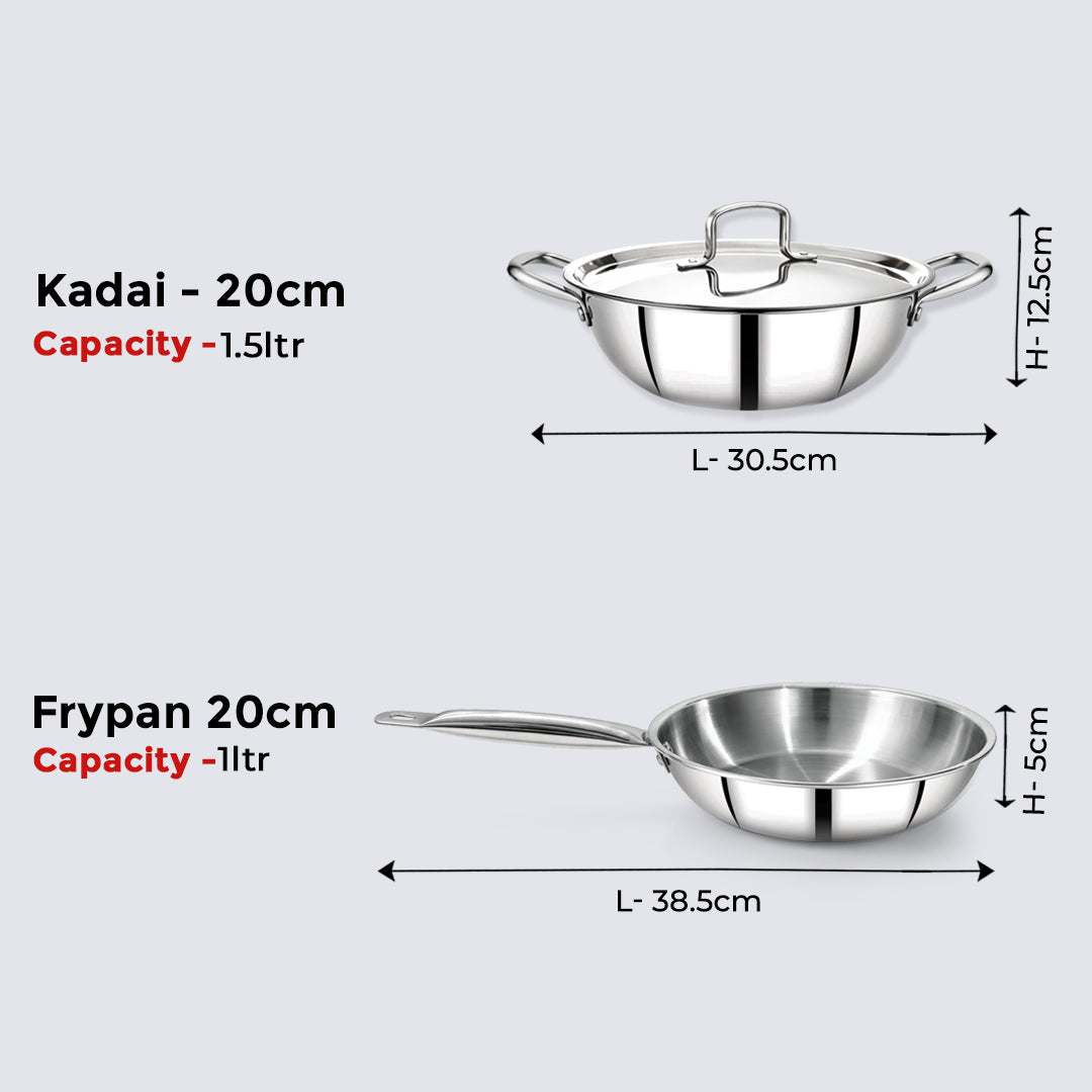 Avias Trivera Triply Stainless Steel Cookware Set | 3 Pc | Kadai + Frypan | SS Lid