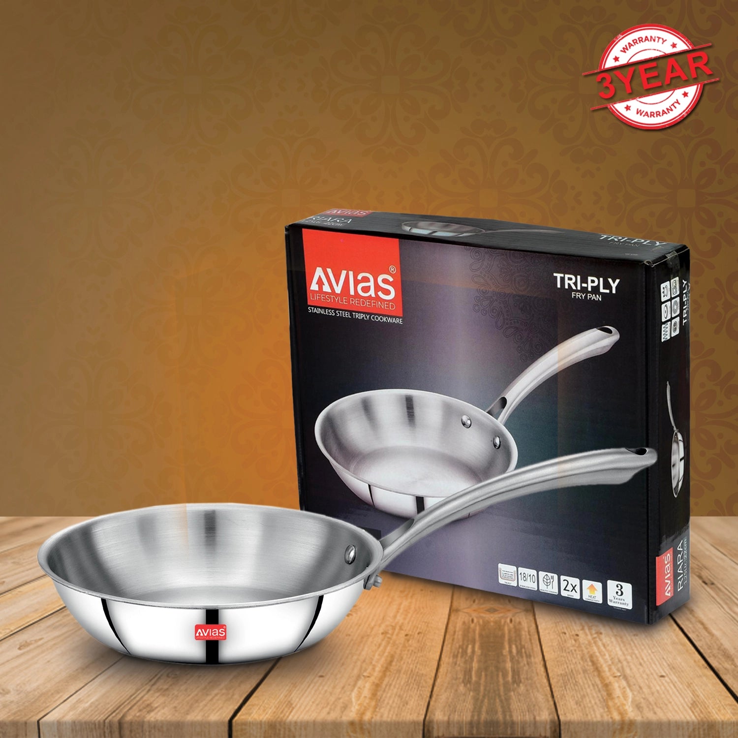 AVIAS Riara premium stainless steel Triply Fry pan package