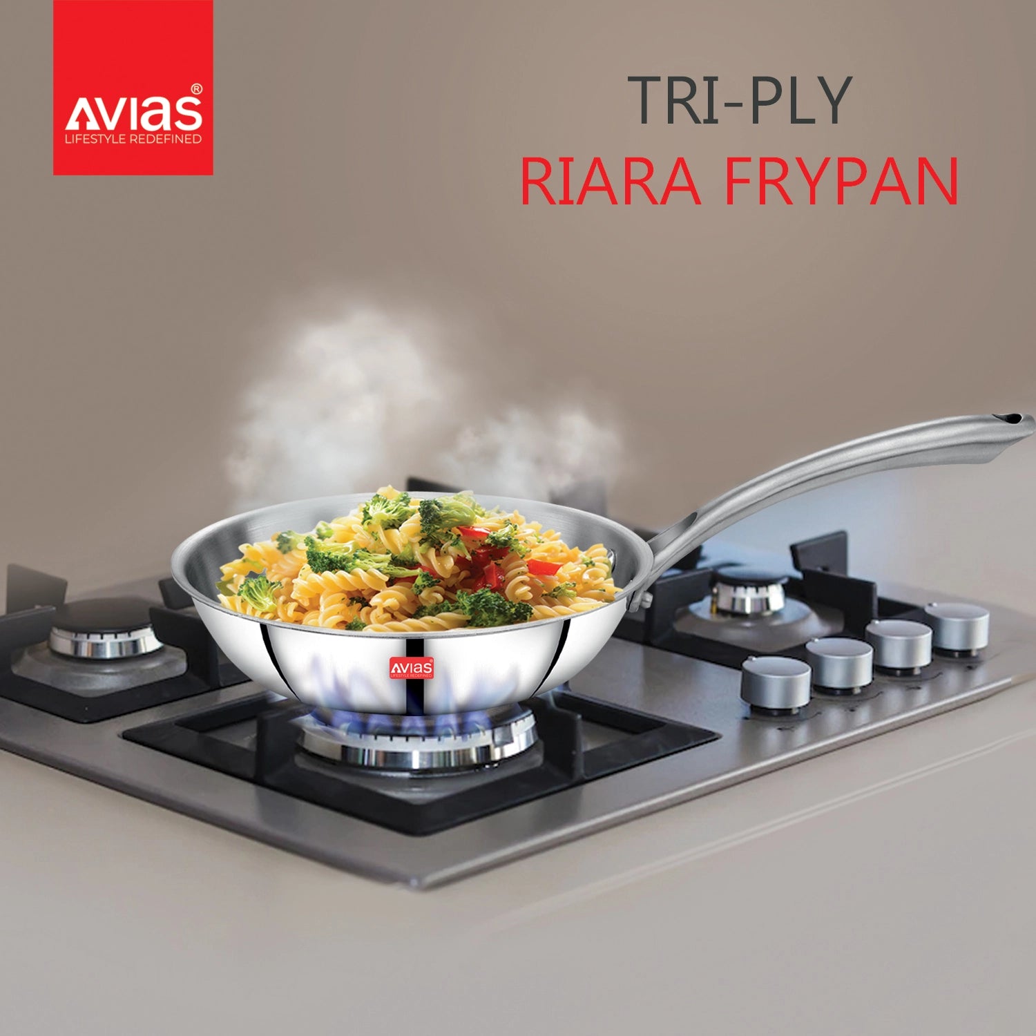 AVIAS Riara premium stainless steel Triply Fry pan on stove
