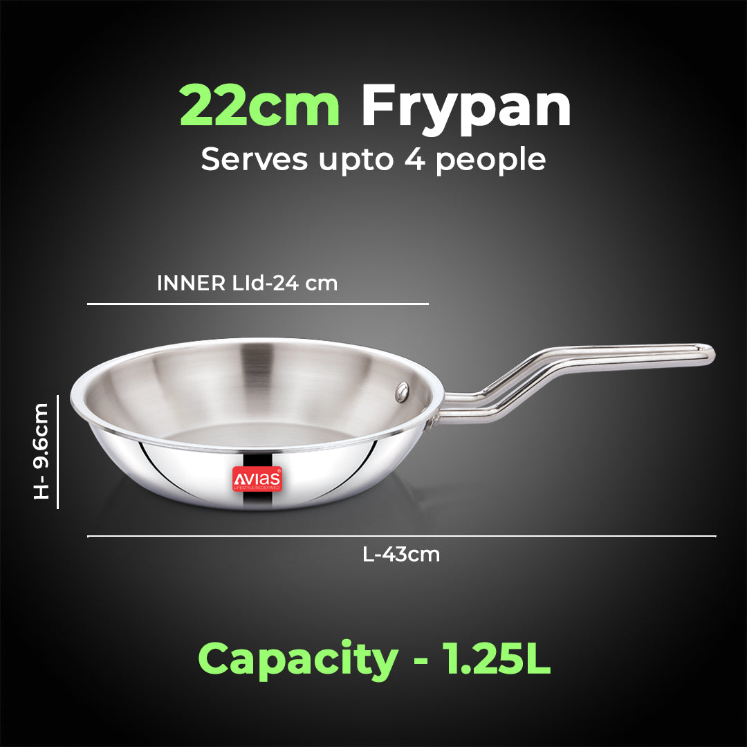 AVIAS AVI3 Triply Fry Pan, 22 / 24 cm Stainless Steel Fry Pan, 3 Layer, Steel Casted Handles, Flat Bottom Fry Pan with Induction Base, 2.5 Mm Thickness, 1.25 / 1.5 Litre Capacity
