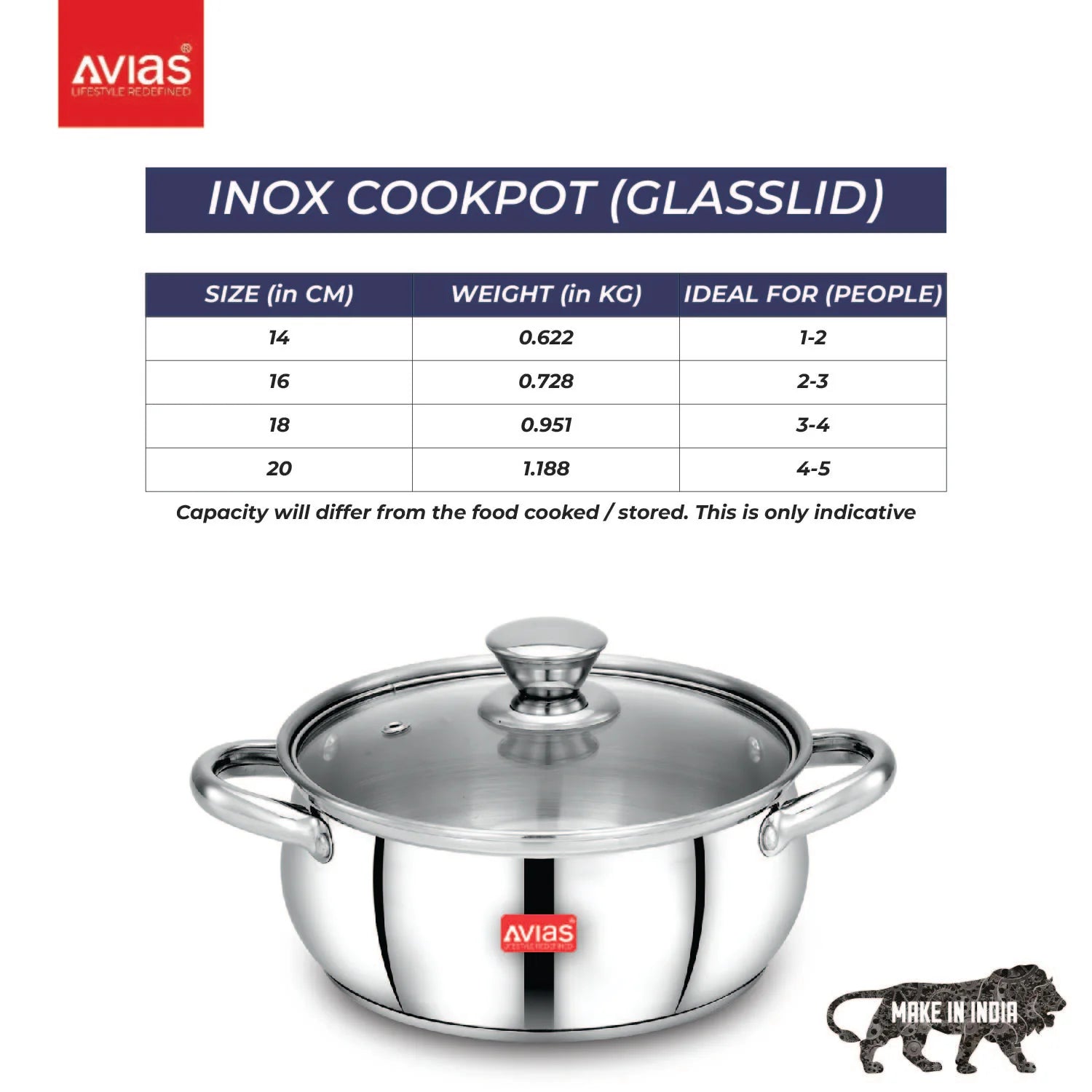 AVIAS Inox IB stainless steel cookpot with glass lid with steam vent | rust-resistant cooware with sandwich bottom | Induction and gas stove friendly | Silver