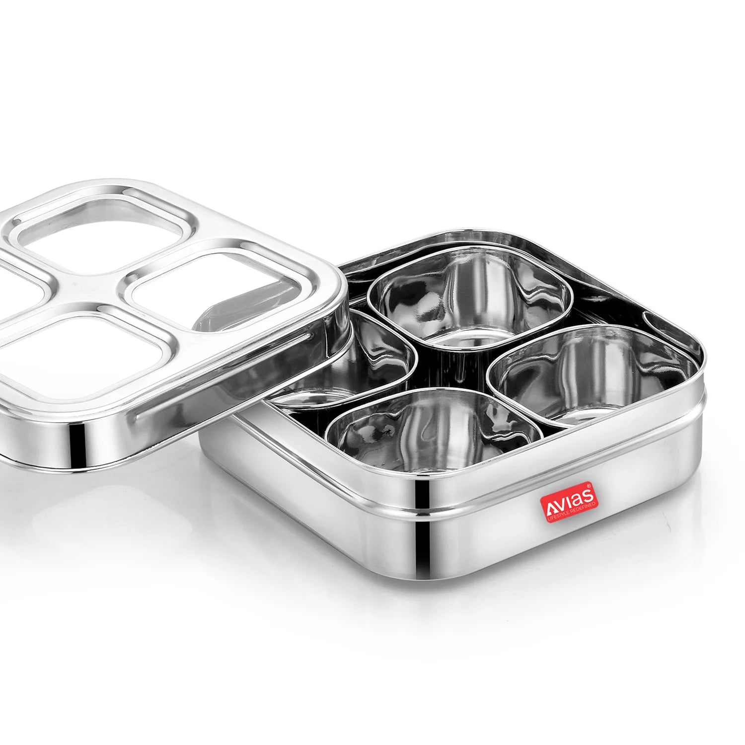 AVIAS 4 Square Stainless Steel Dry Fruit cum Spice box open