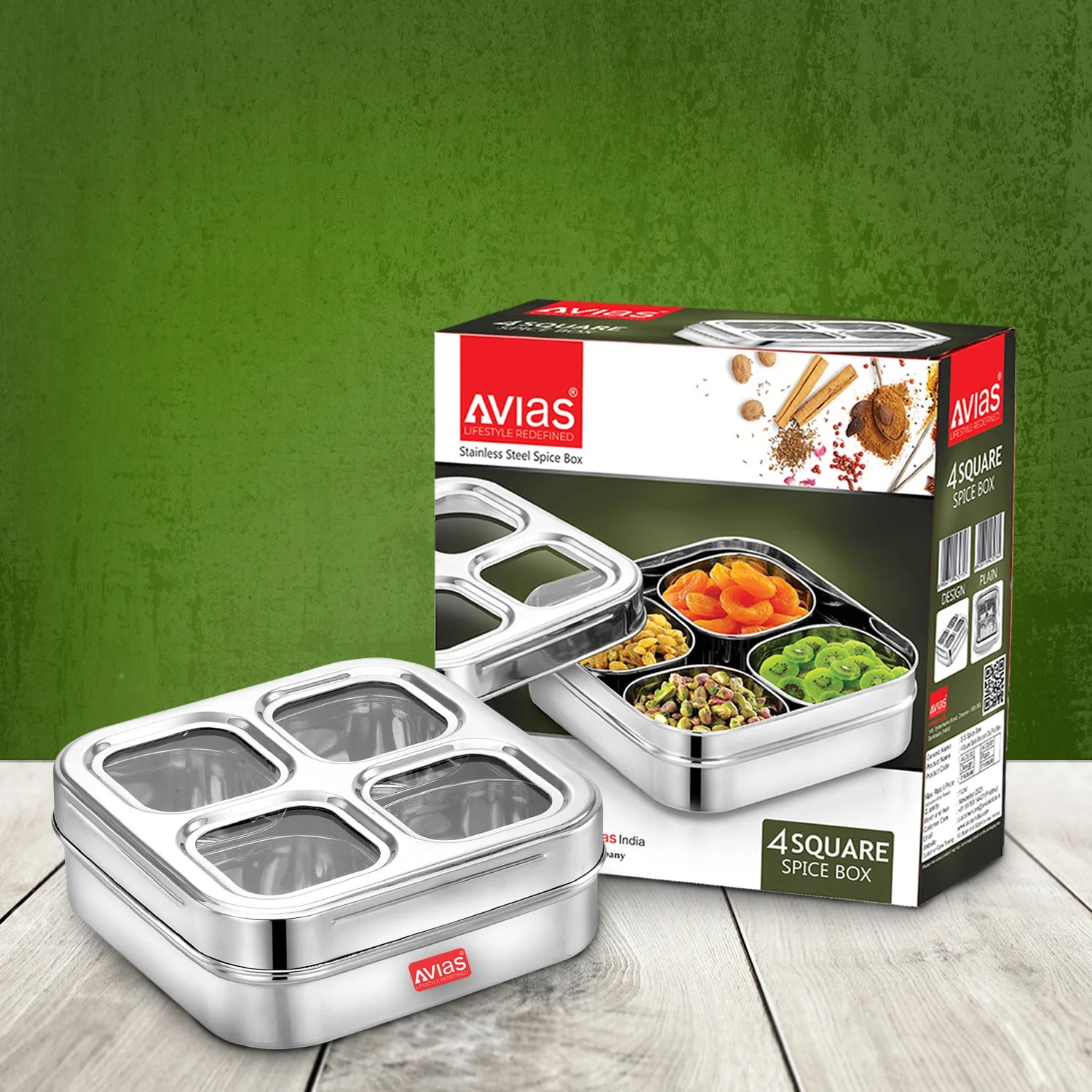AVIAS 4 Square Stainless Steel Dry Fruit cum Spice box package