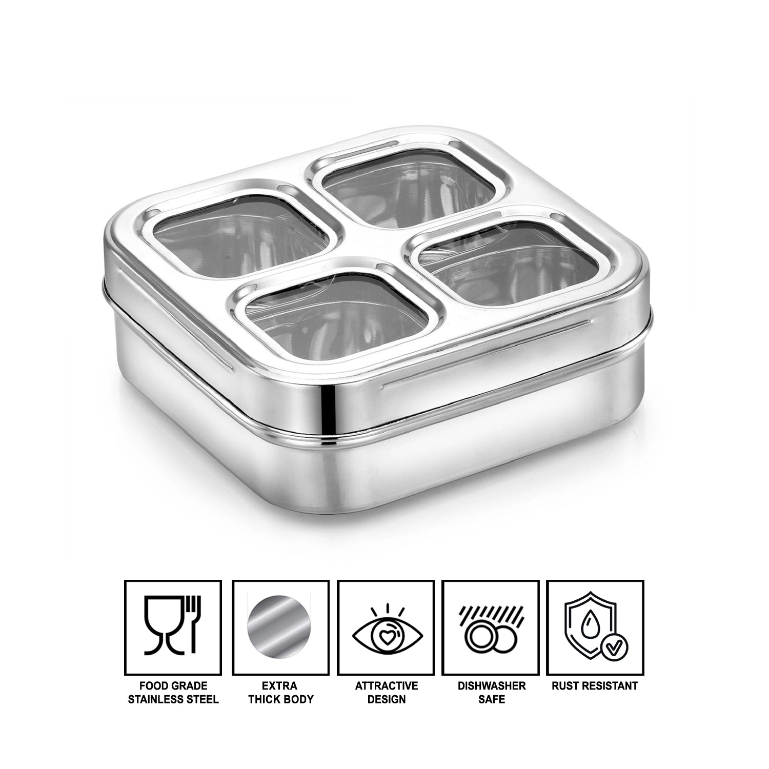 AVIAS 4 Square Stainless Steel Dry Fruit cum Spice box features