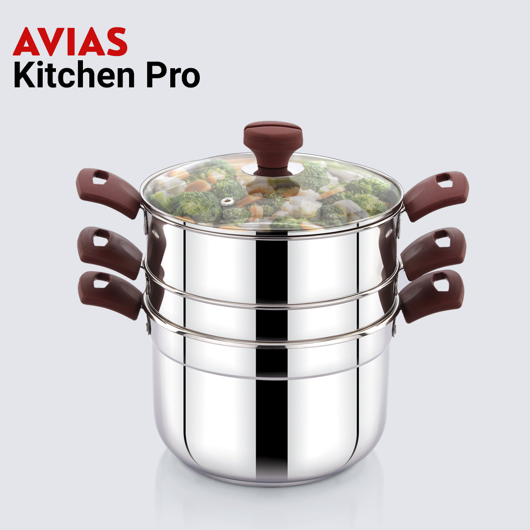 Avias Kitchen Pro Multipurpose Cookpot with Glass Lid Included Steamer, Strainer and 4 Idly Plates (16 Idlies) for Easy Cooking, Triply Bottom