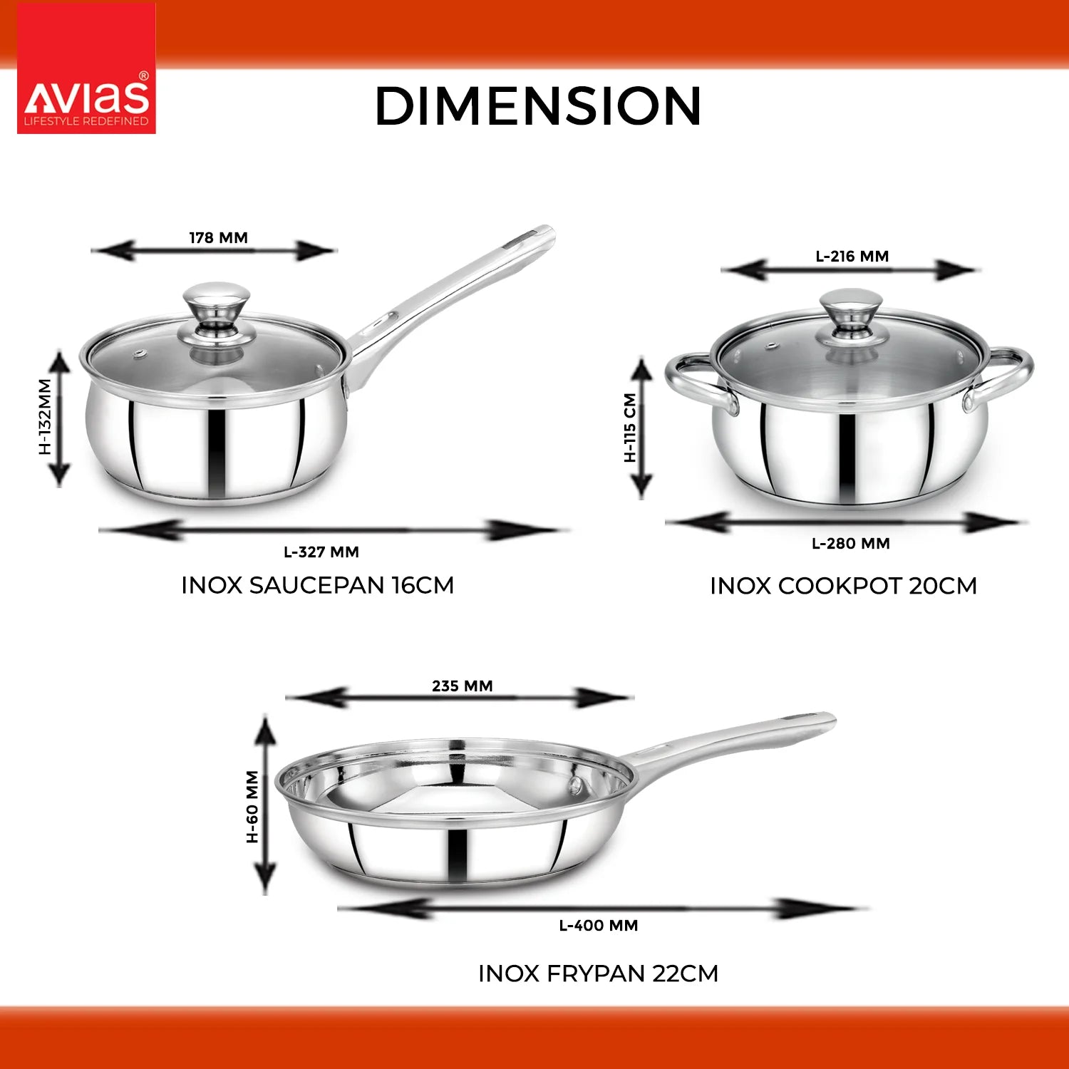 Avias Stainless Steel kitchenware/ cookware 7 PCS Kitchen set  dimension