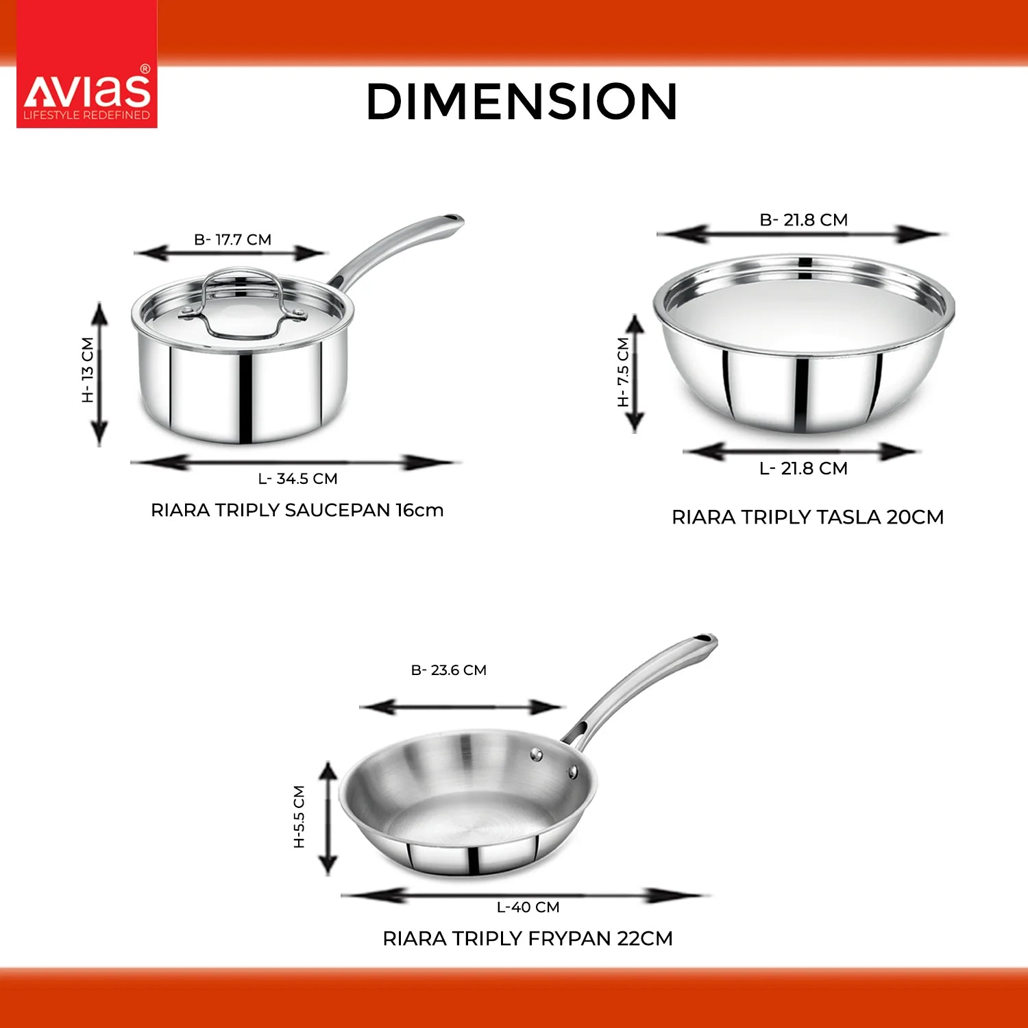 Avias Stainless Steel  kitchenware/ cookware 7 PCS Kitchen set dimentions