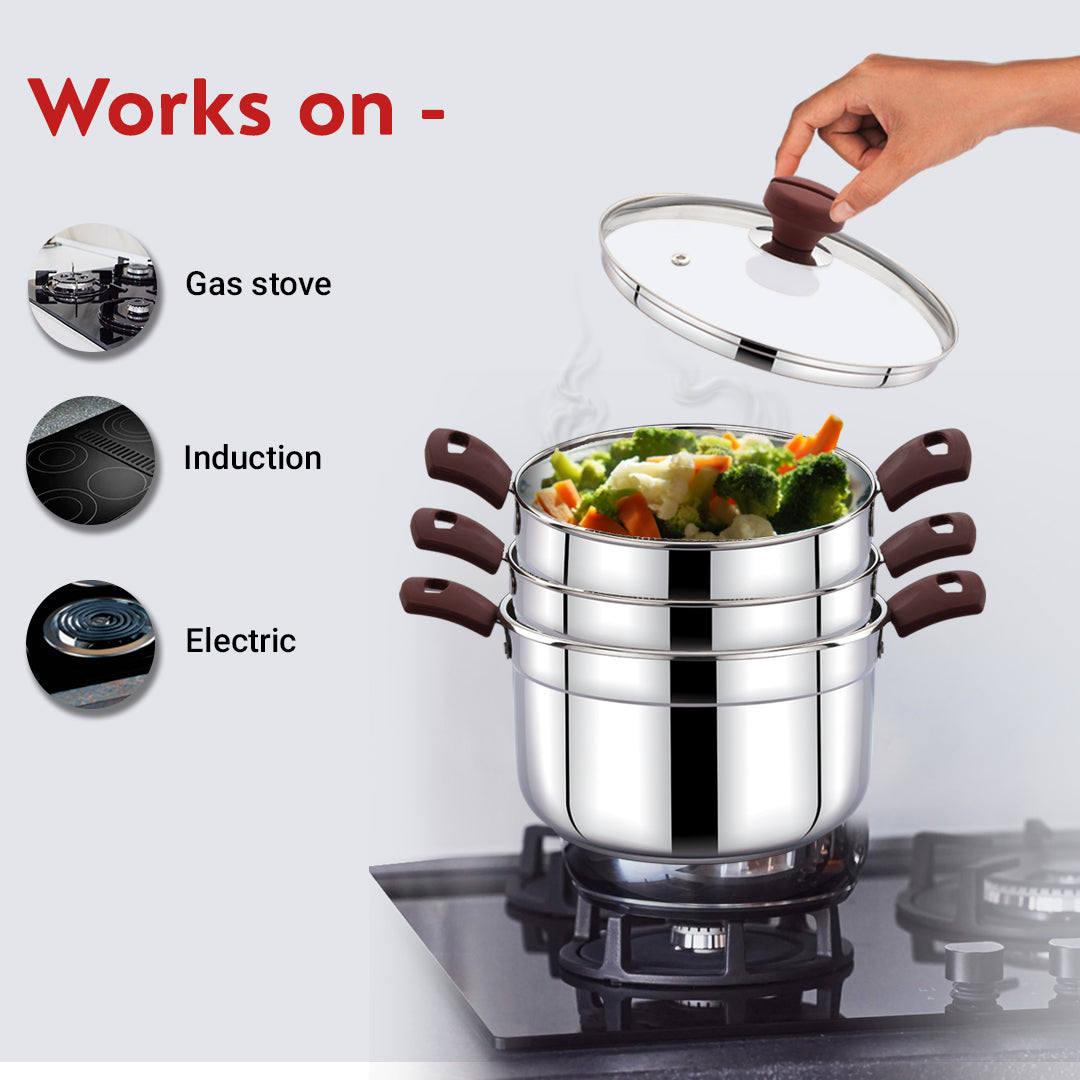 Avias Kitchen Pro Multipurpose Cookpot with Glass Lid Included Steamer, Strainer and 4 Idly Plates (16 Idlies) for Easy Cooking, Triply Bottom