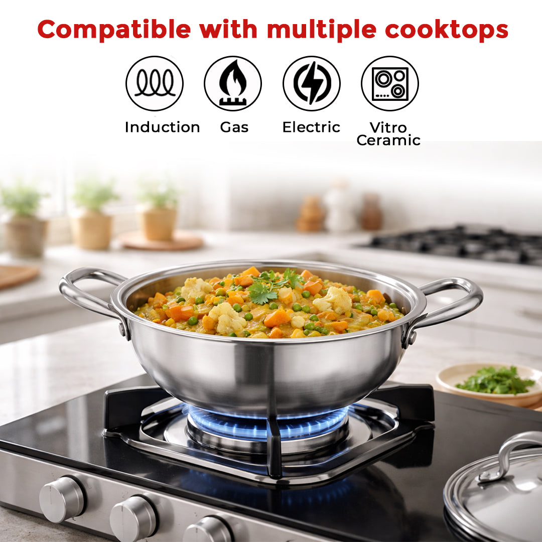 Avias Trivera Triply Stainless Steel Cookware Set | 3 Pc | Kadai + Frypan | SS Lid