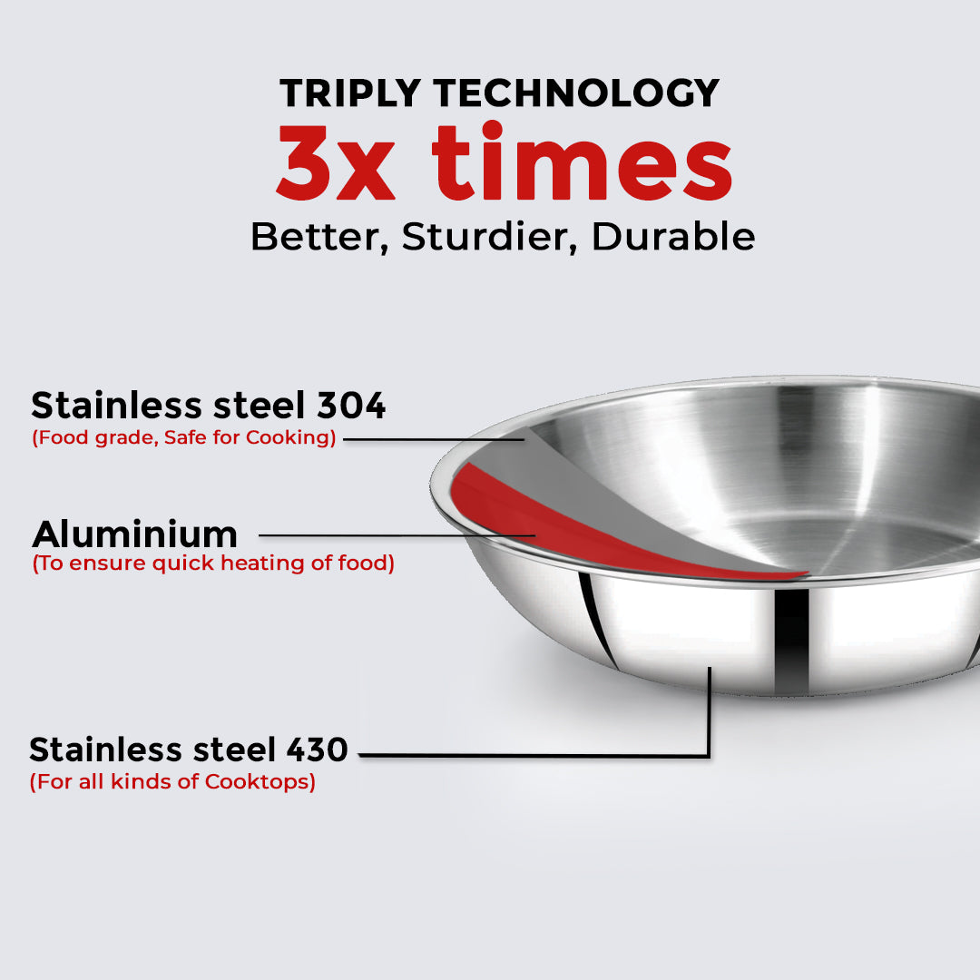 Avias Trivera Triply Stainless Steel Cookware Set | 3 Pc | Kadai + Frypan | SS Lid