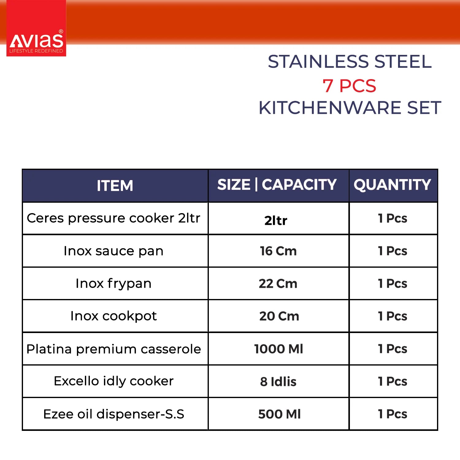 Avias Stainless Steel kitchenware/ cookware 7 PCS Kitchen set  size and quantity