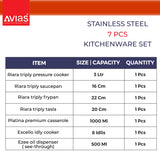 Avias Stainless Steel  kitchenware/ cookware 7 PCS Kitchen set  size and quantity