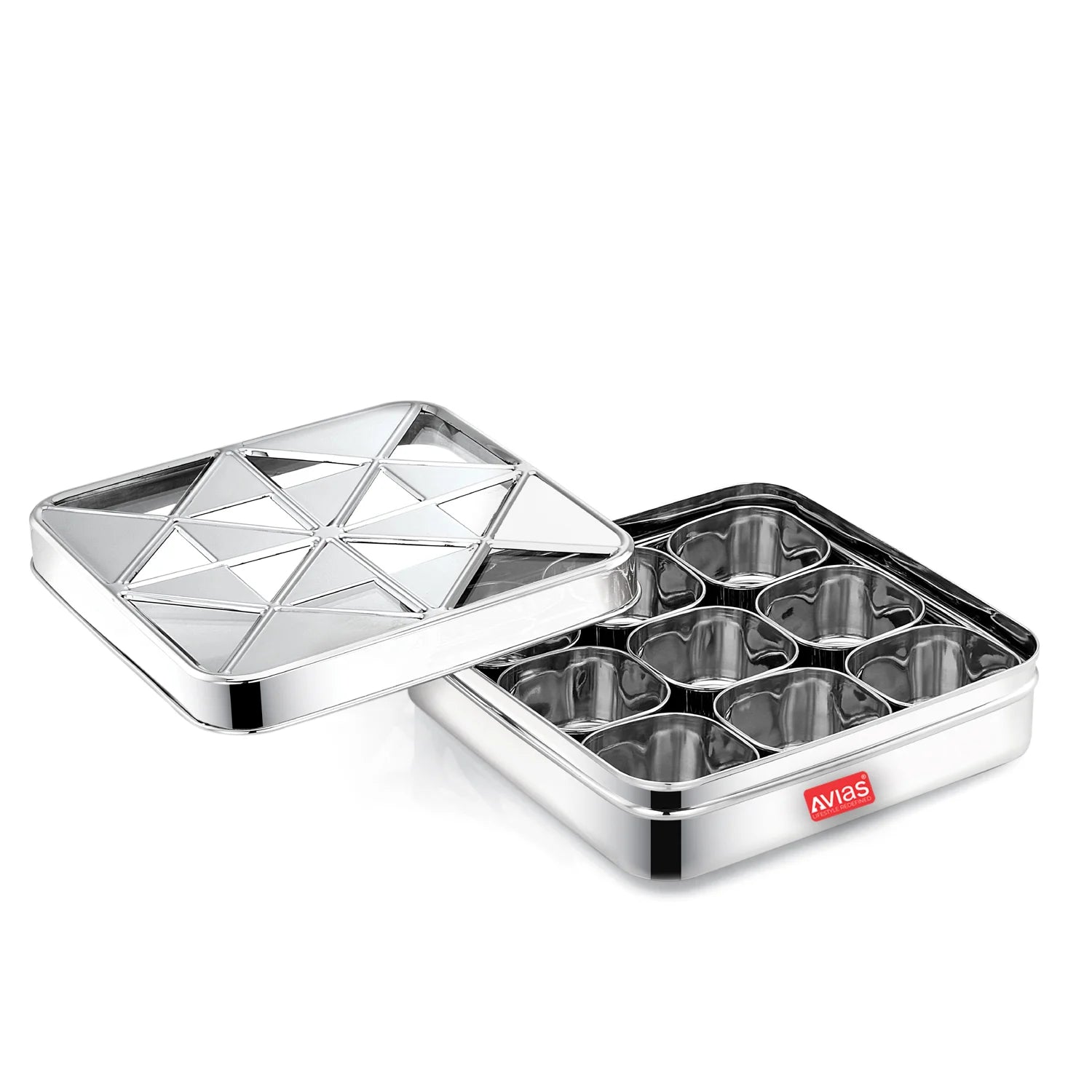 AVIAS Trios 9 square dryfruit cum spice box |Premium quality stainless steel |see-through lid with unbreakable acrylic sheet