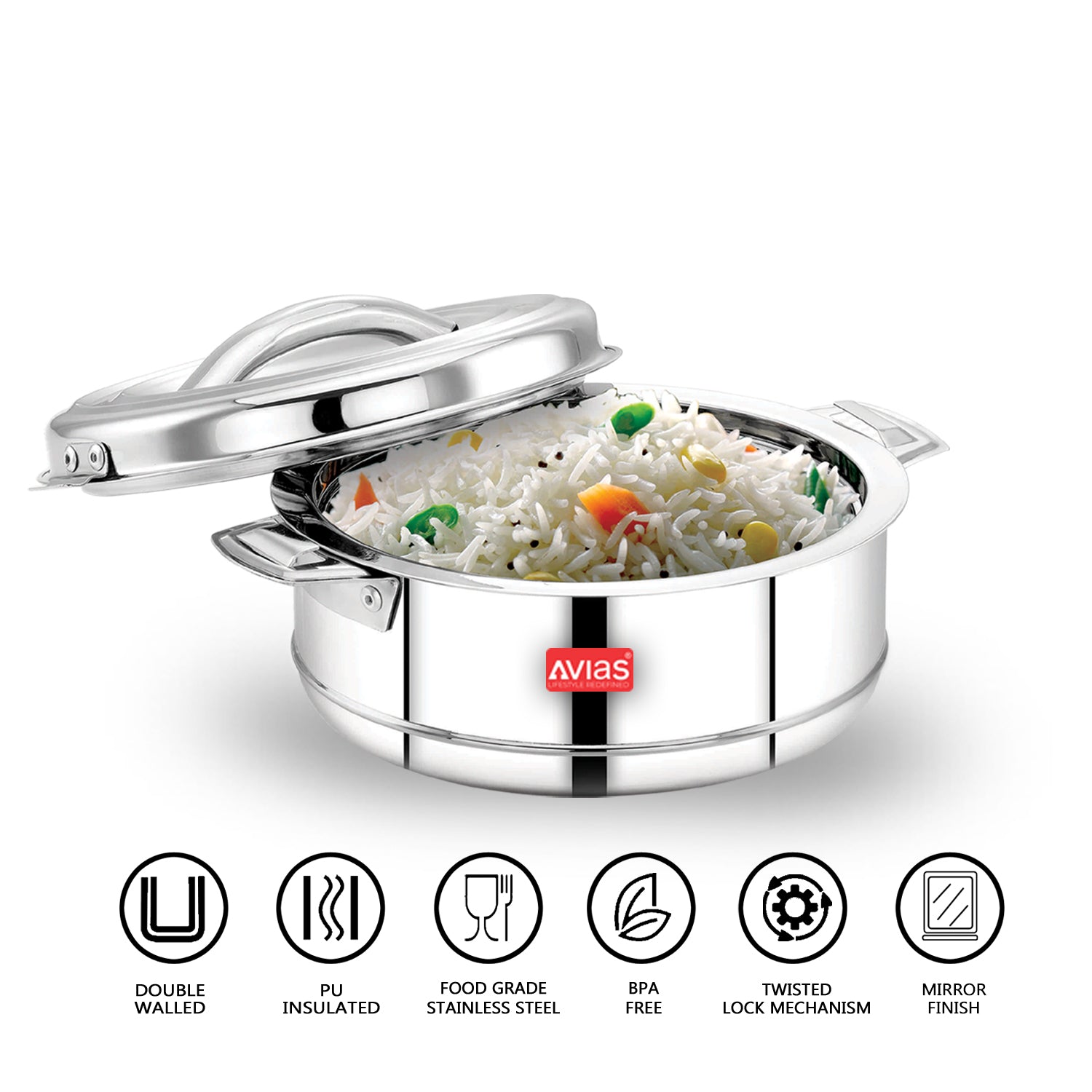 AVIAS Astra Casserole/Hotpot | Highly durable & odor free | Double wall insulated | Firm twist lock | Sturdy side handles | set of 3-1000 ml / 1500 ml / 2500 ml