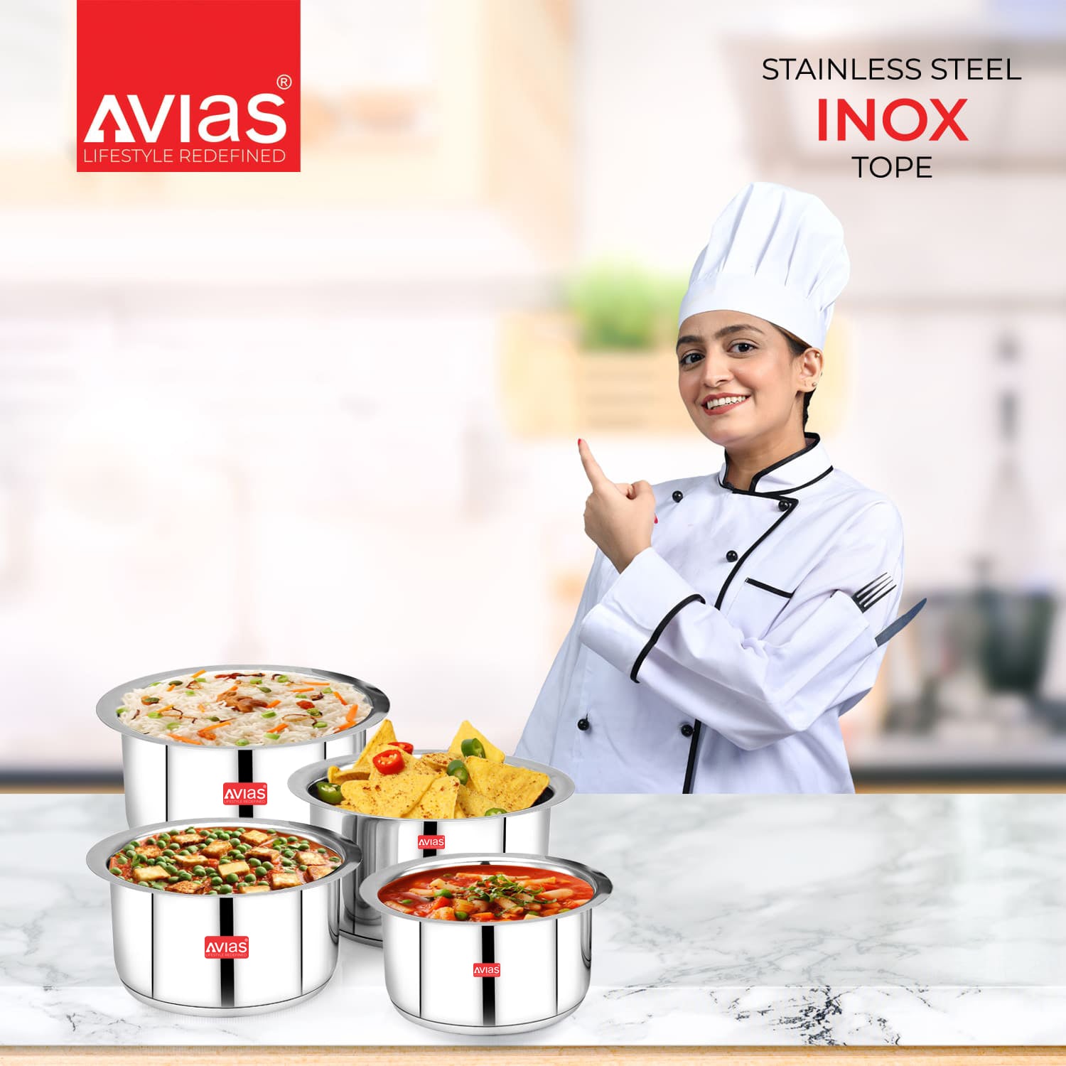 AVIAS Inox IB Stainless Steel Tope set of 4 for cooking and serving food in the kitchen