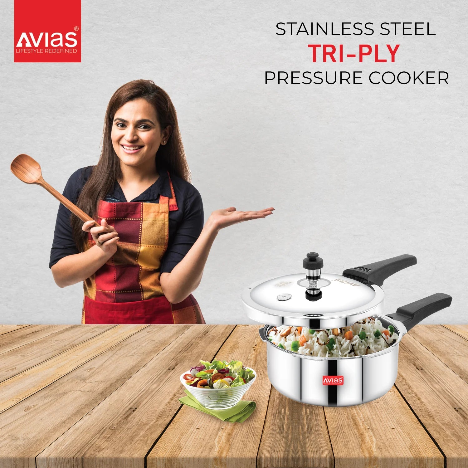 AVIAS Riara Premium Stainless Steel Triply Pressure Cooker with outer lid