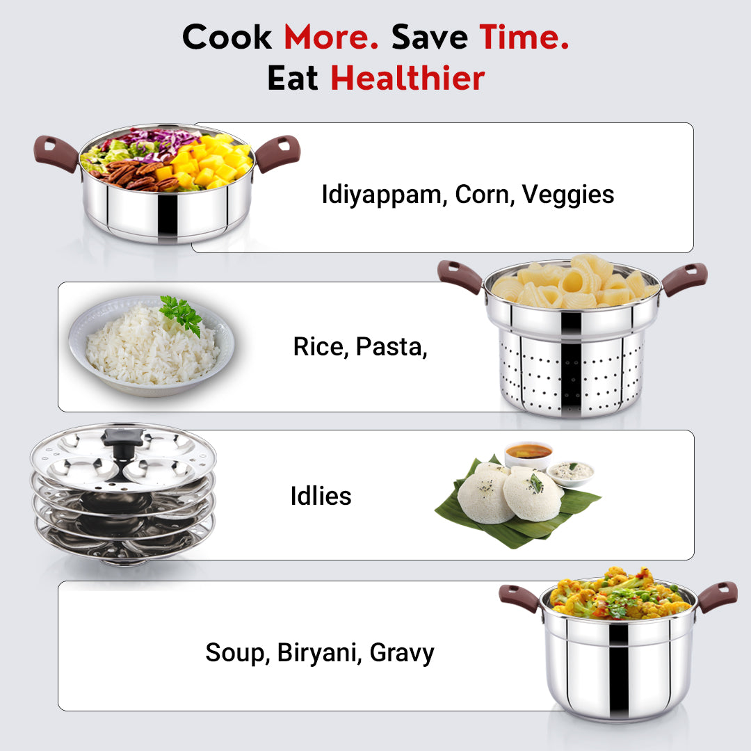 Avias Kitchen Pro Multipurpose Cookpot with Glass Lid Included Steamer, Strainer and 4 Idly Plates (16 Idlies) for Easy Cooking, Triply Bottom